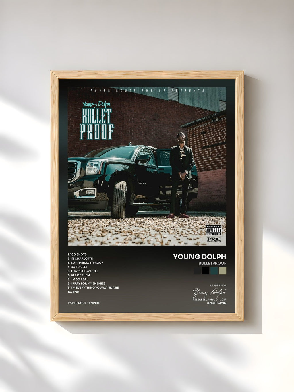 #bois Tableau de l'album Bulletproof de Young Dolph, cadre en bois brut, imprimé et encadré en France