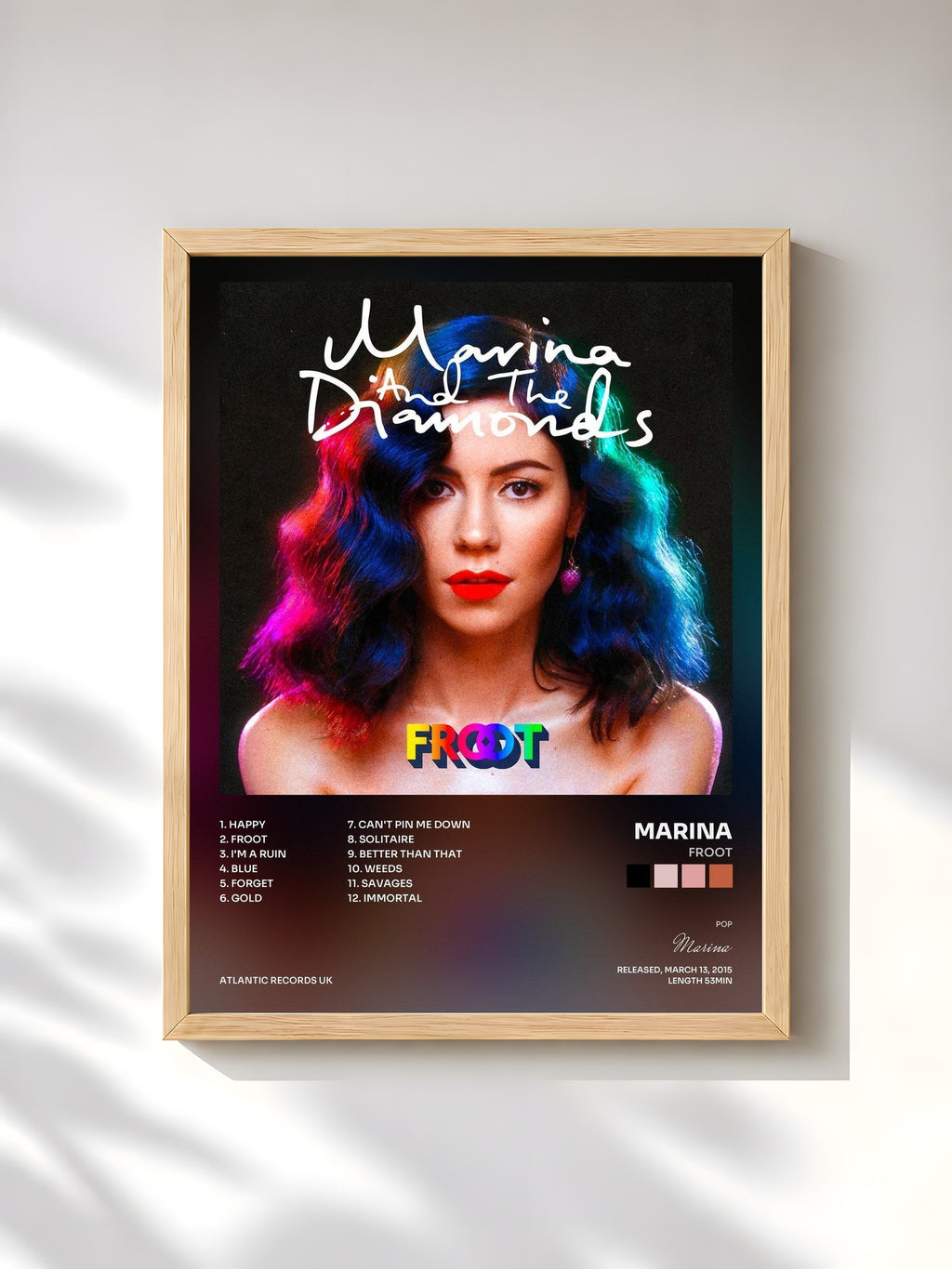 #bois Tableau de l'album Froot de Marina, cadre en bois brut, imprimé et encadré en France