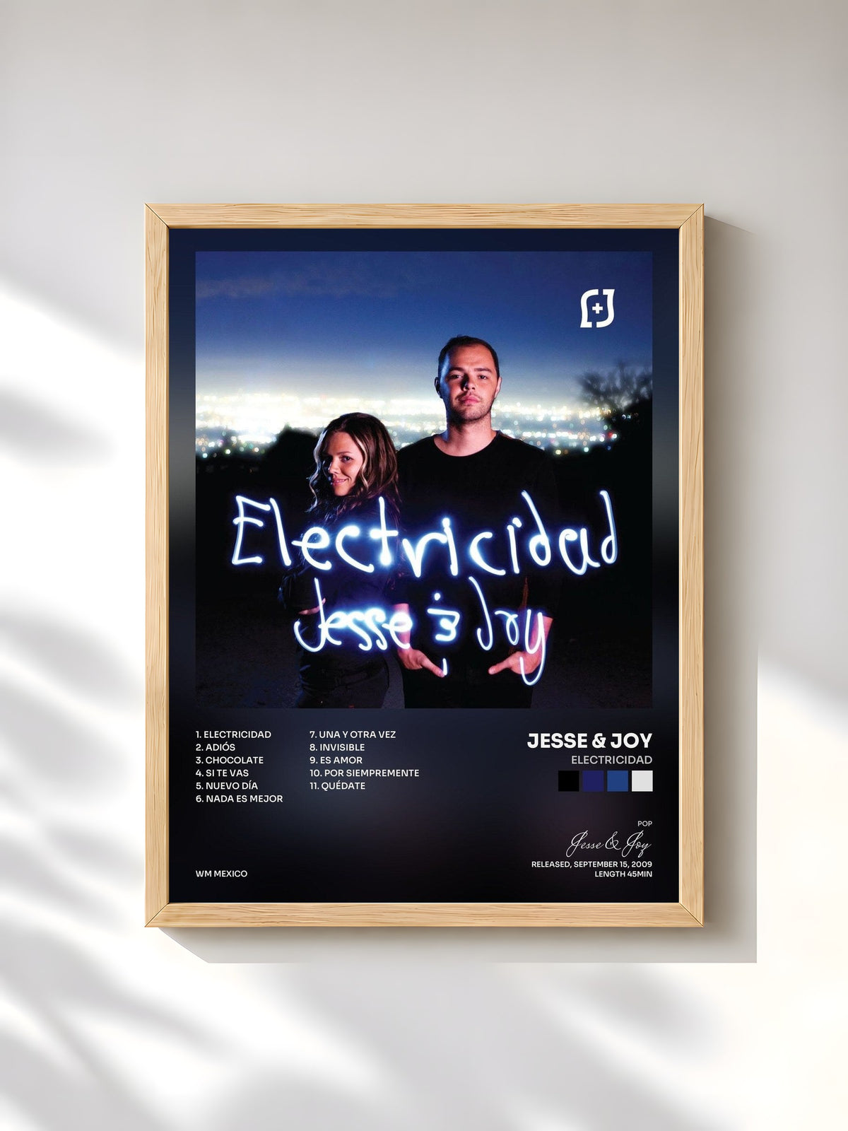 #bois Tableau de l'album Electricidad de Jesse & Joy, cadre en bois brut, imprimé et encadré en France