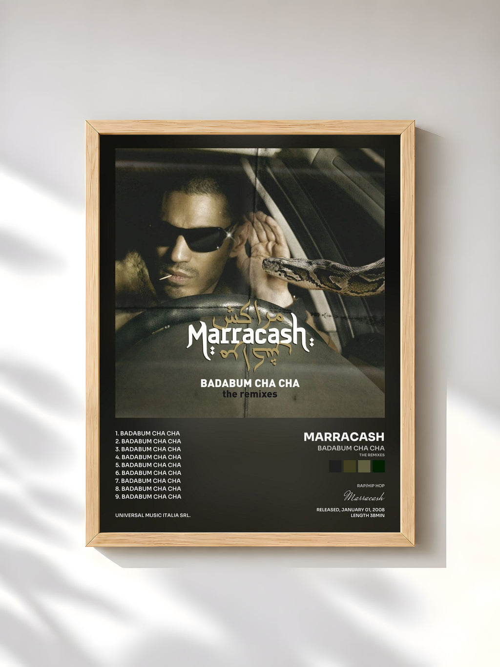 #bois Tableau de l'album Badabum Cha Cha (The Remixes) de Marracash, cadre en bois brut, imprimé et encadré en France