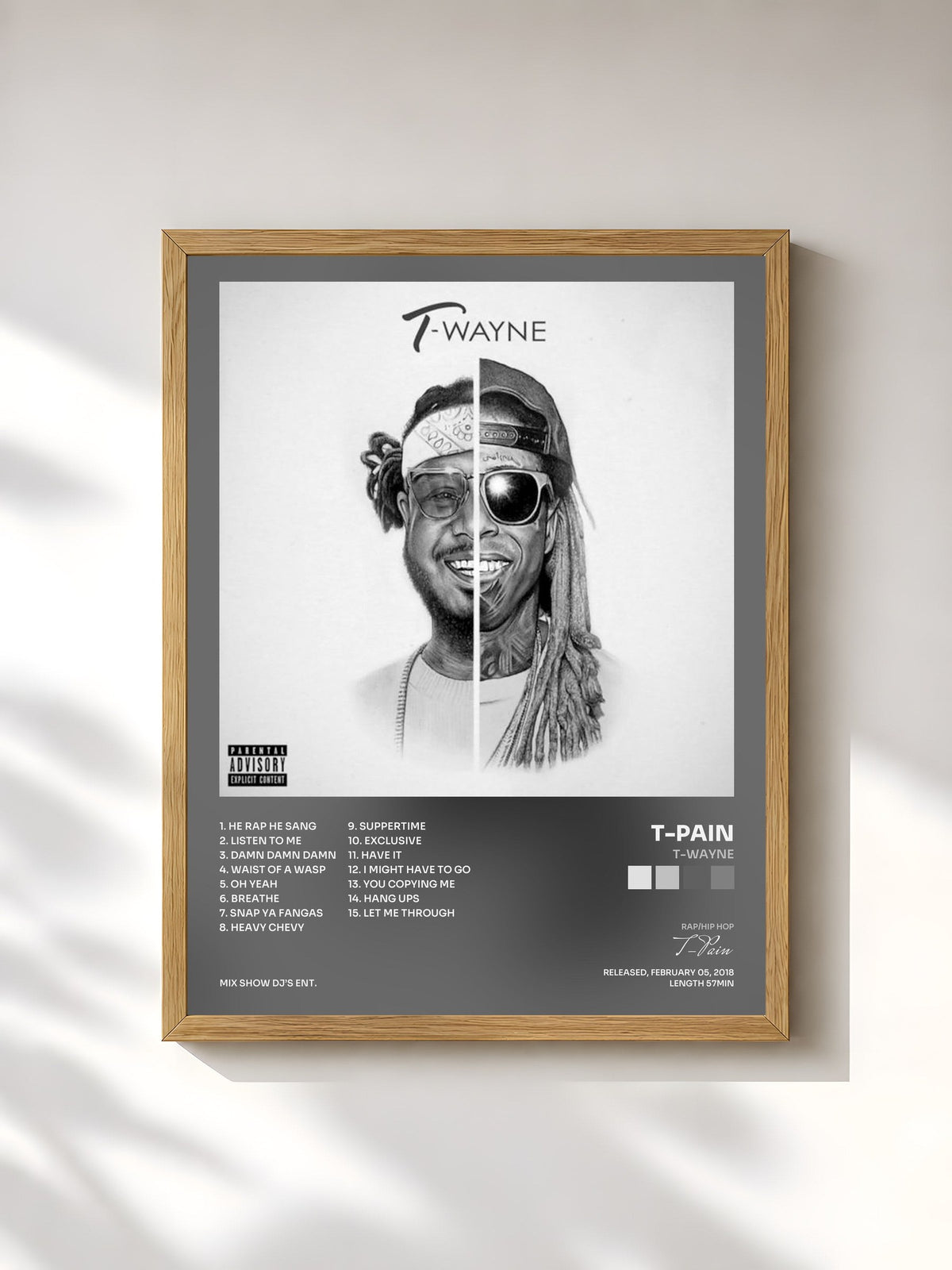 #bois Tableau de l'album T-Wayne de T-Pain, cadre en bois brut, imprimé et encadré en France