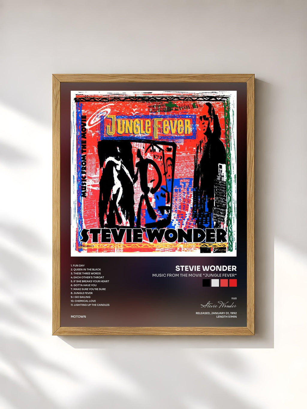 #bois Tableau de l'album Music From The Movie "Jungle Fever" de Stevie Wonder, cadre en bois brut, imprimé et encadré en France