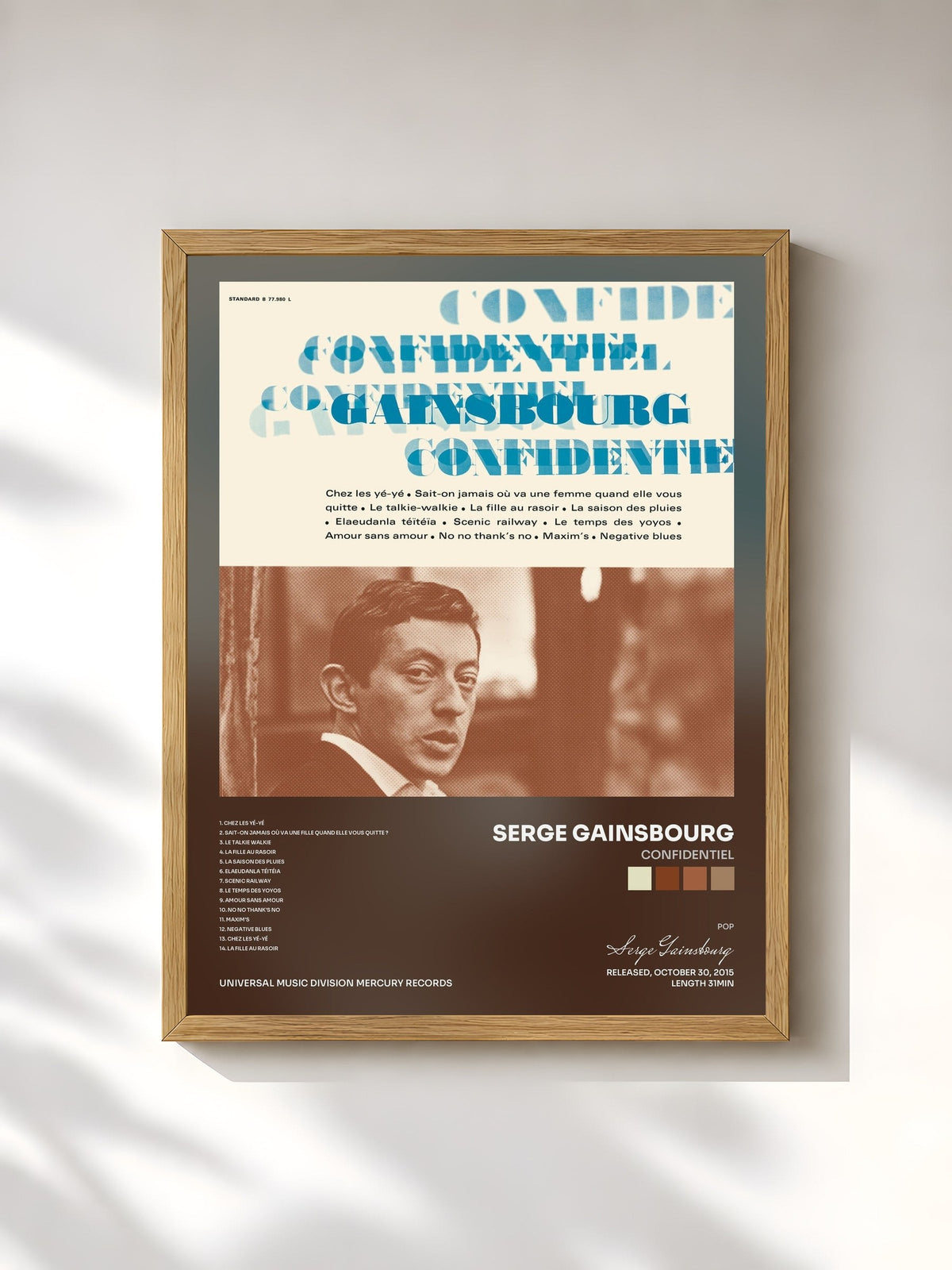#bois Tableau de l'album Confidentiel de Serge Gainsbourg, cadre en bois brut, imprimé et encadré en France