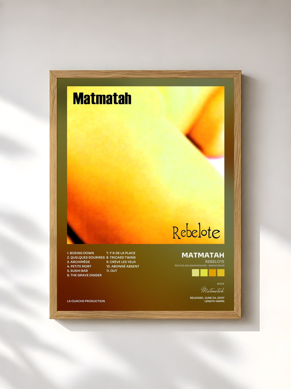 #bois Tableau de l'album Rebelote (Édition 20e anniversaire - Remasterisé) de Matmatah, cadre en bois brut, imprimé et encadré en France