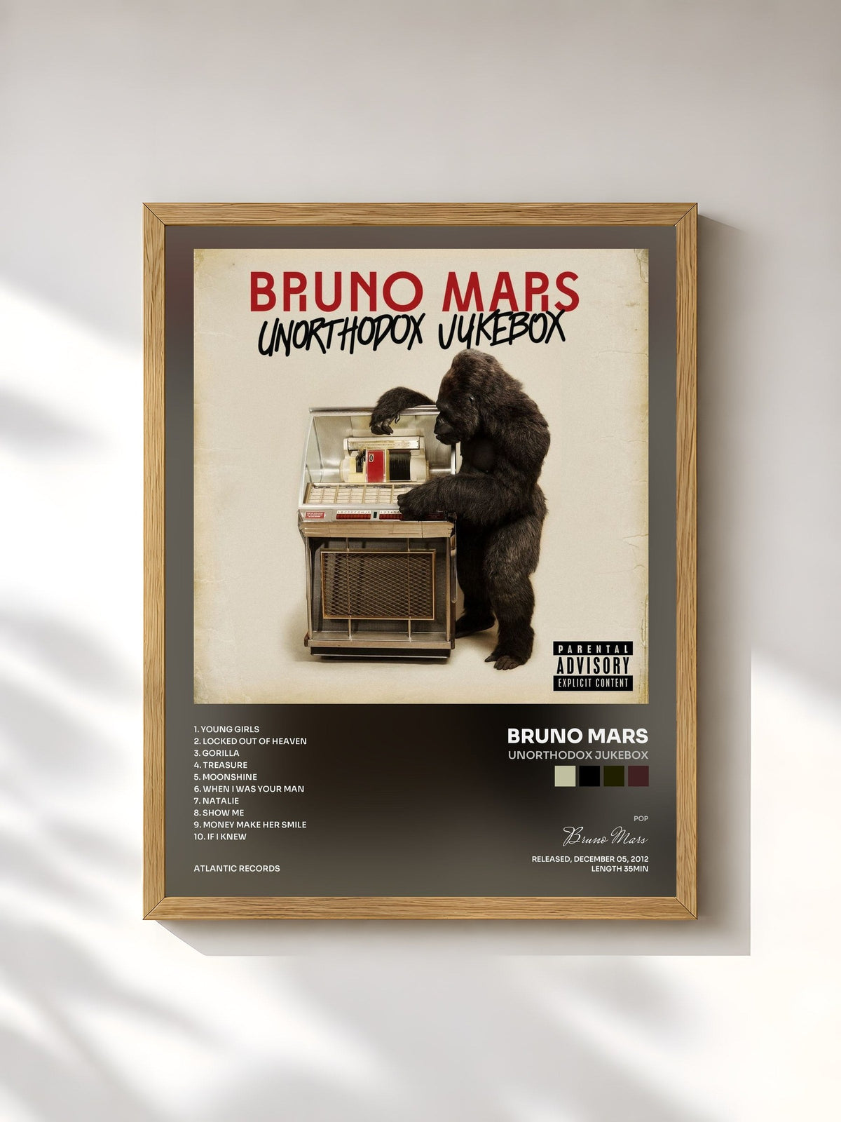 #bois Tableau de l'album Unorthodox Jukebox de Bruno Mars, cadre en bois brut, imprimé et encadré en France