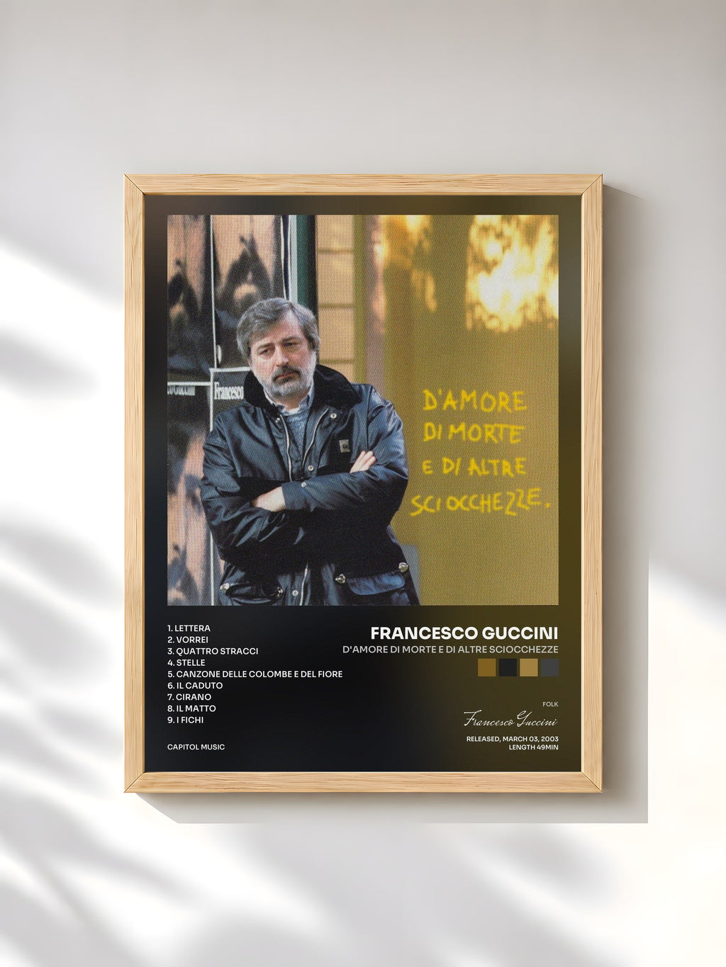 #bois Tableau de l'album D'Amore Di Morte E Di Altre Sciocchezze de Francesco Guccini, cadre en bois brut, imprimé et encadré en France