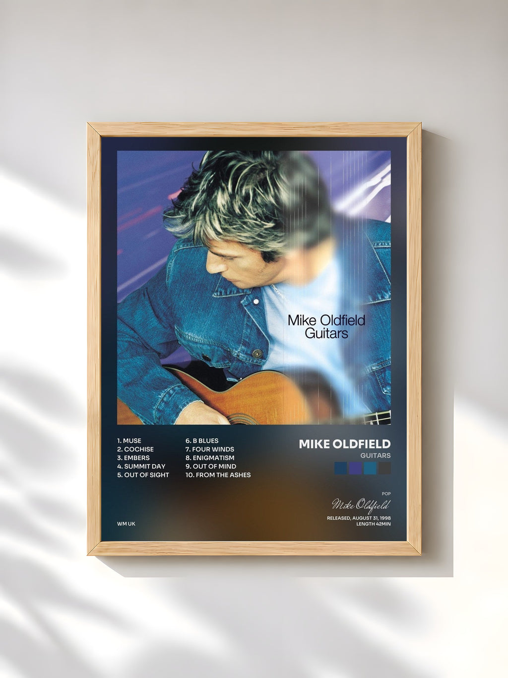 #bois Tableau de l'album Guitars de Mike Oldfield, cadre en bois brut, imprimé et encadré en France