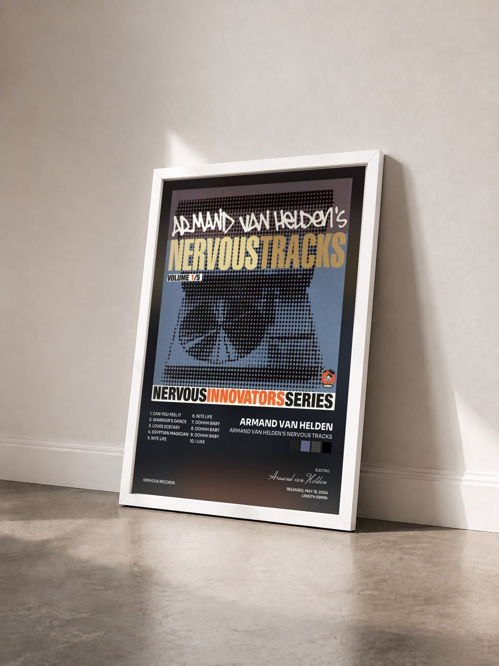 #blanc Tableau de l'album Armand Van Helden's Nervous Tracks de Armand van Helden vu de trois quarts, cadre blanc