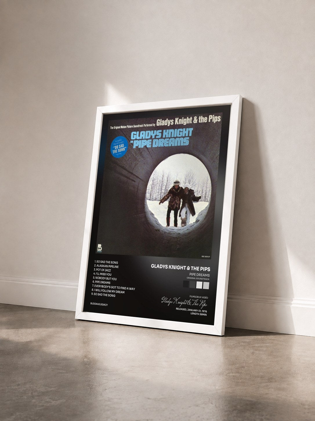 #blanc Tableau de l'album Pipe Dreams (Original Soundtrack) de Gladys Knight & The Pips vu de trois quarts, cadre blanc
