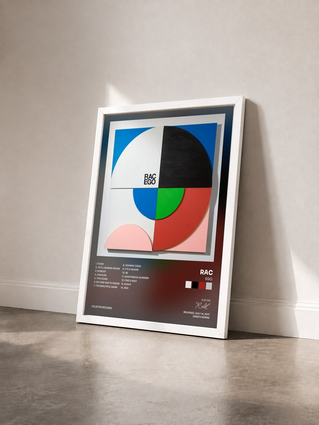#blanc Tableau de l'album EGO de RAC vu de trois quarts, cadre blanc