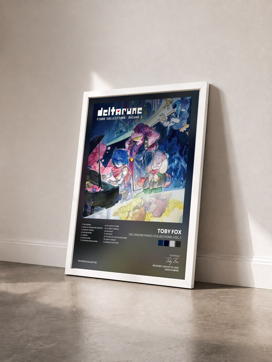 #blanc Tableau de l'album DELTARUNE Piano Collections, Vol. 1 de Toby Fox vu de trois quarts, cadre blanc