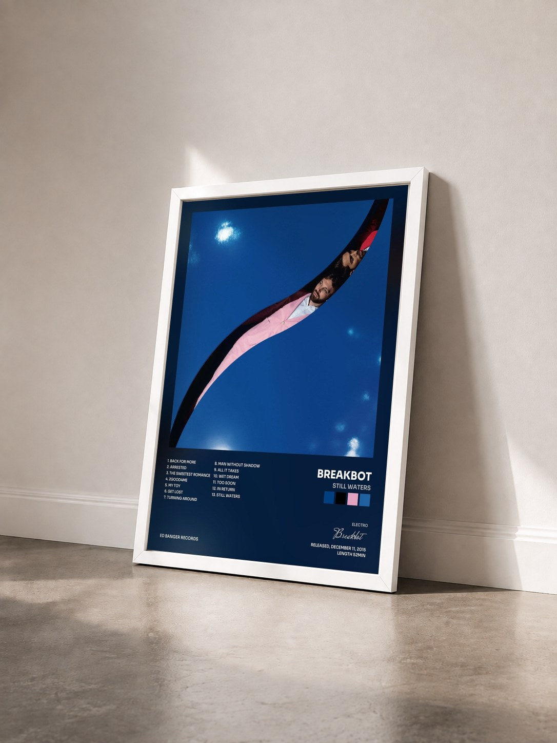 #blanc Tableau de l'album Still Waters de Breakbot vu de trois quarts, cadre blanc