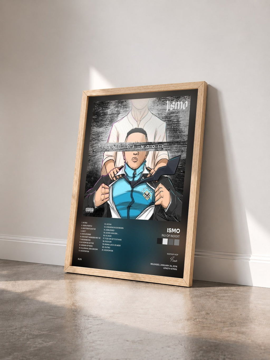 #bois Tableau de l'album Nu Of Nooit de Ismo vu de trois quarts, cadre en bois brut