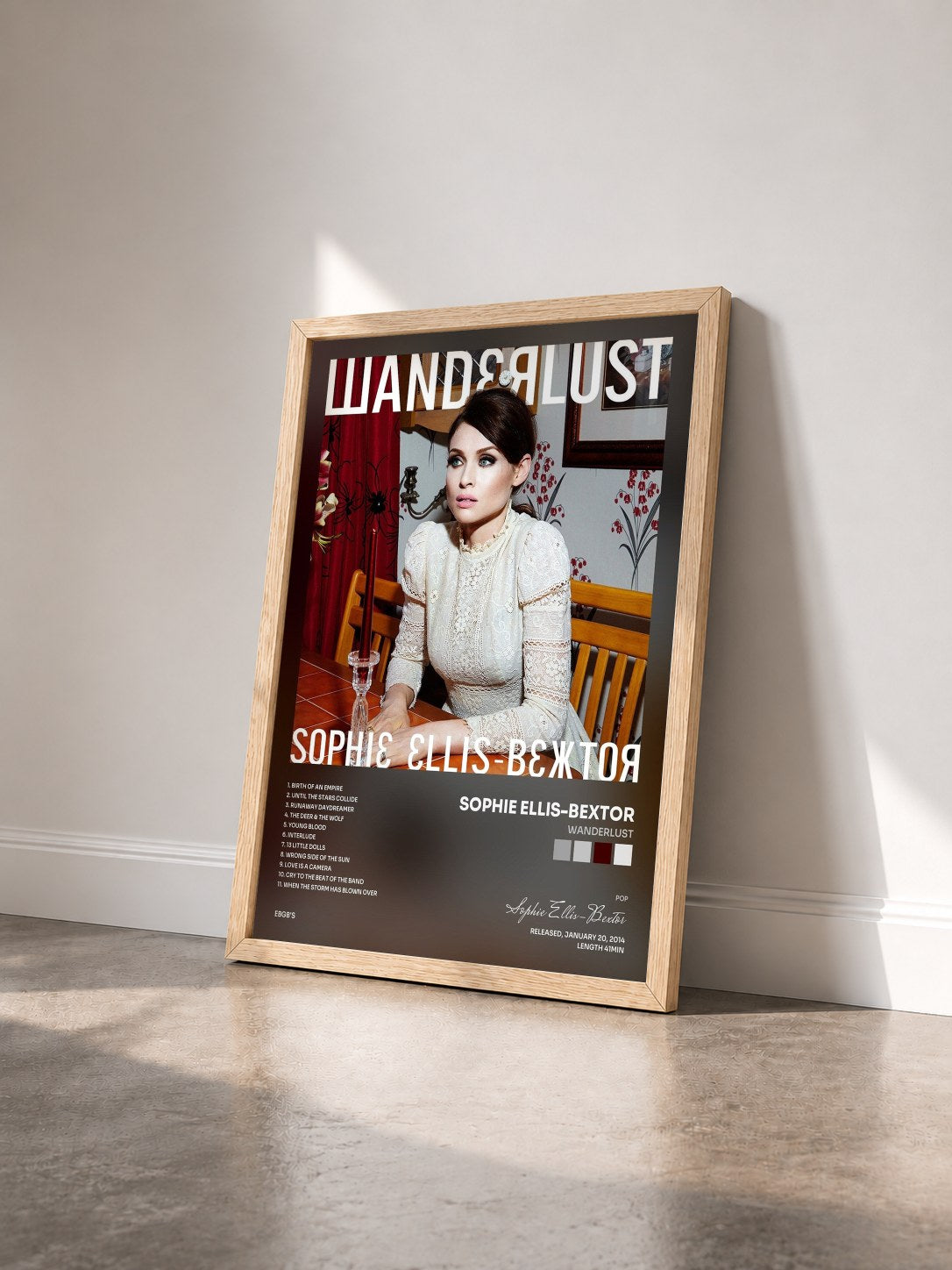 #bois Tableau de l'album Wanderlust de Sophie Ellis-Bextor vu de trois quarts, cadre en bois brut