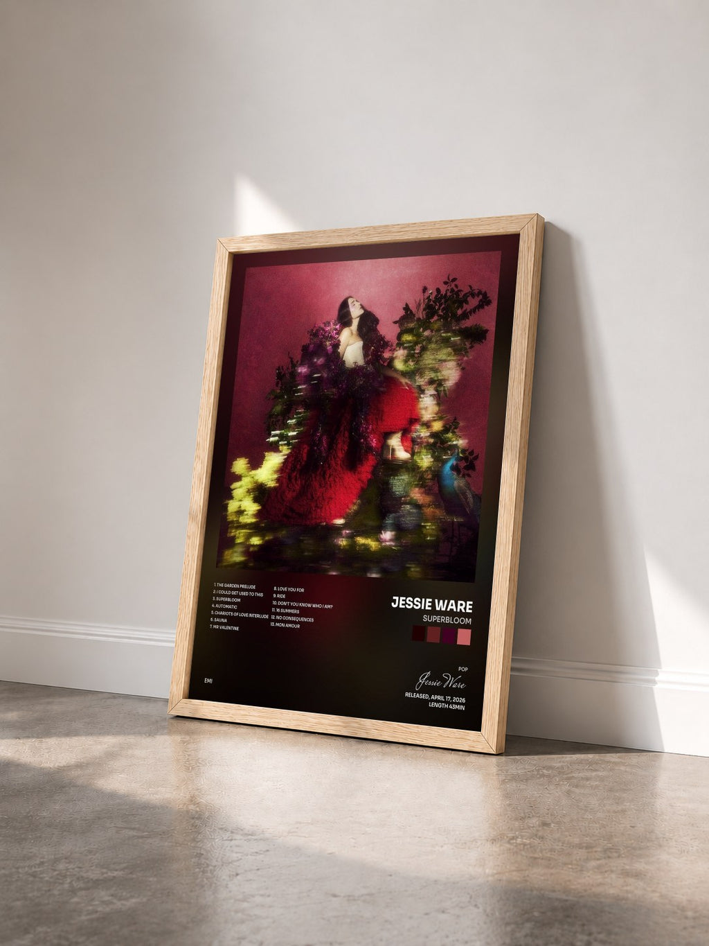 #bois Tableau de l'album Superbloom de Jessie Ware vu de trois quarts, cadre en bois brut