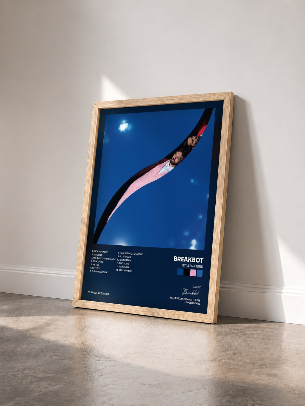 #bois Tableau de l'album Still Waters de Breakbot vu de trois quarts, cadre en bois brut