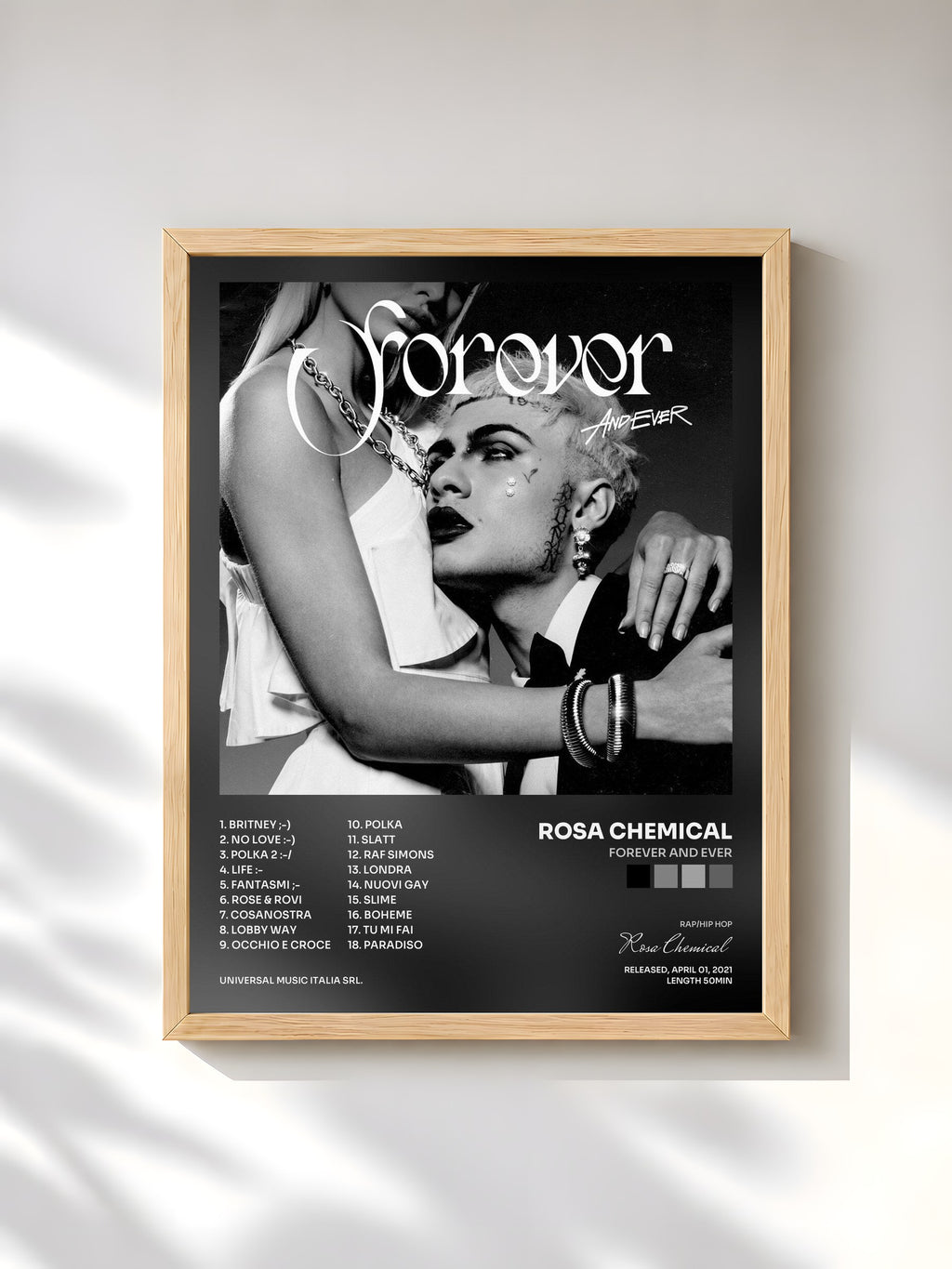 #bois Tableau de l'album FOREVER AND EVER de Rosa Chemical, cadre en bois brut, imprimé et encadré en France