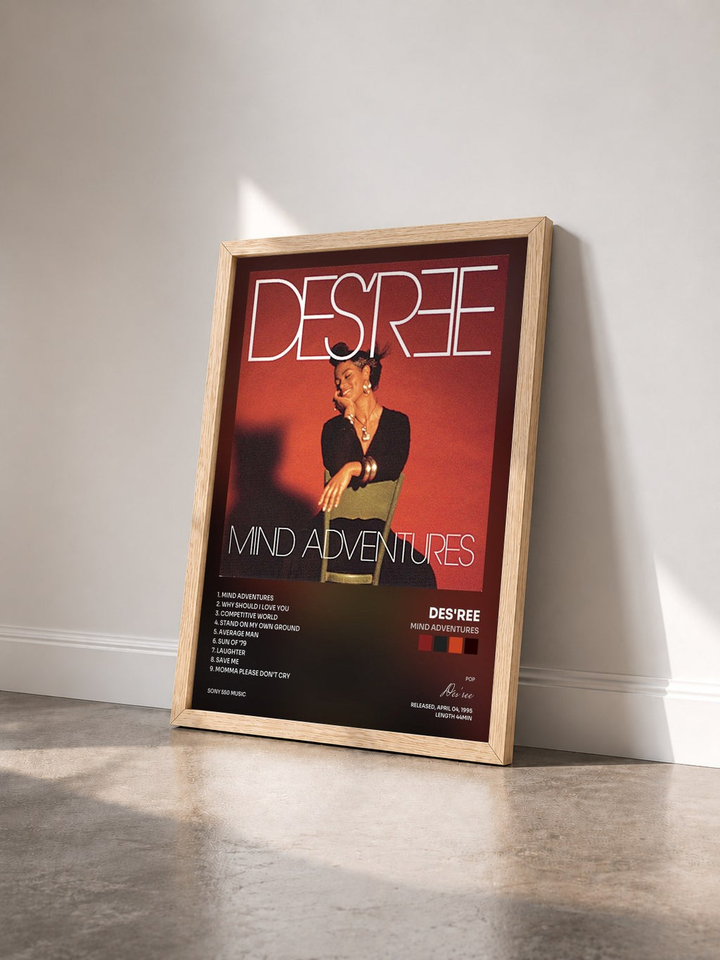 #bois Tableau de l'album Mind Adventures de Des'ree vu de trois quarts, cadre en bois brut