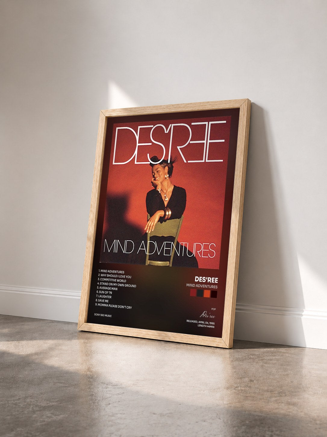 #bois Tableau de l'album Mind Adventures de Des'ree vu de trois quarts, cadre en bois brut