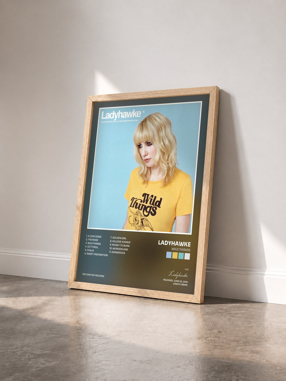 #bois Tableau de l'album Wild Things de Ladyhawke vu de trois quarts, cadre en bois brut