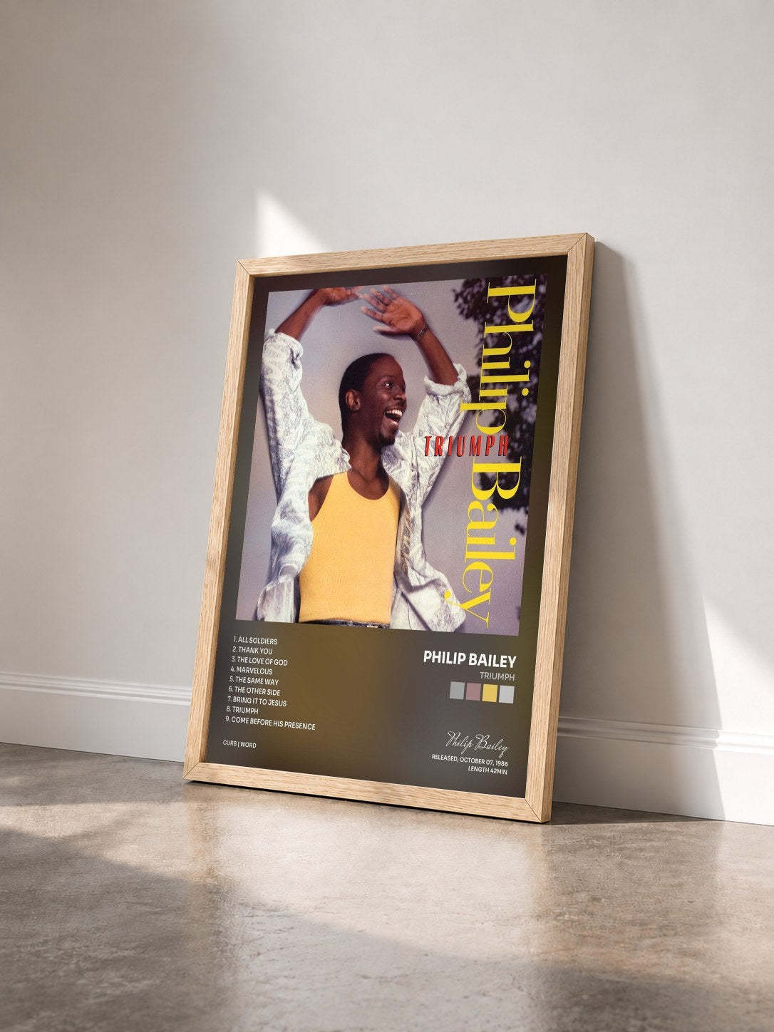#bois Tableau de l'album Triumph de Philip Bailey vu de trois quarts, cadre en bois brut