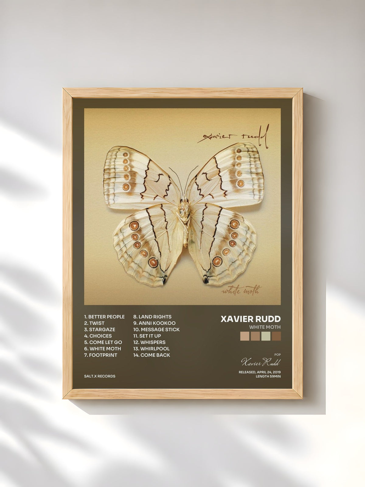 #bois Tableau de l'album White Moth de Xavier Rudd, cadre en bois brut, imprimé et encadré en France