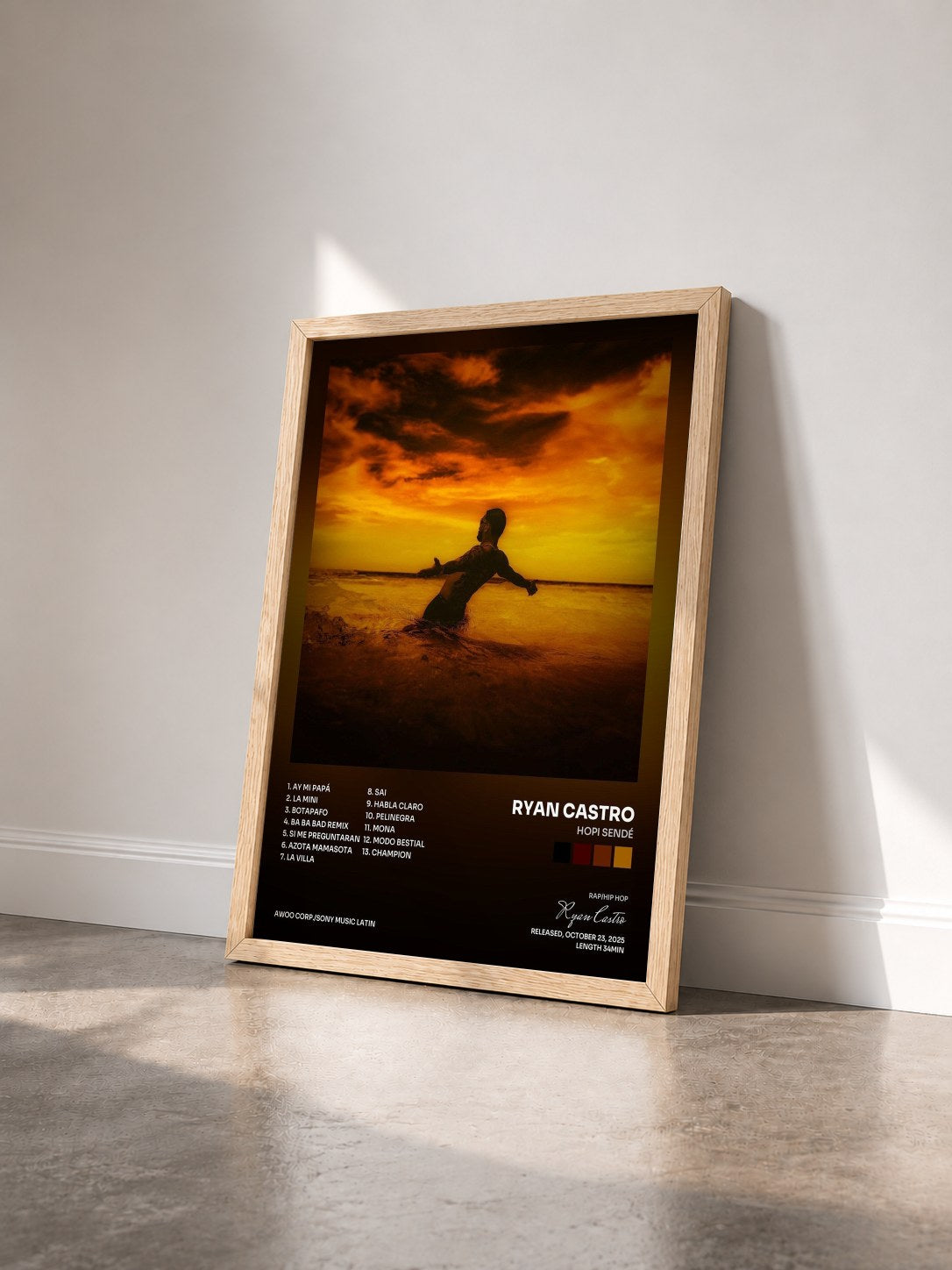 #bois Tableau de l'album HOPI SENDÉ de Ryan Castro vu de trois quarts, cadre en bois brut