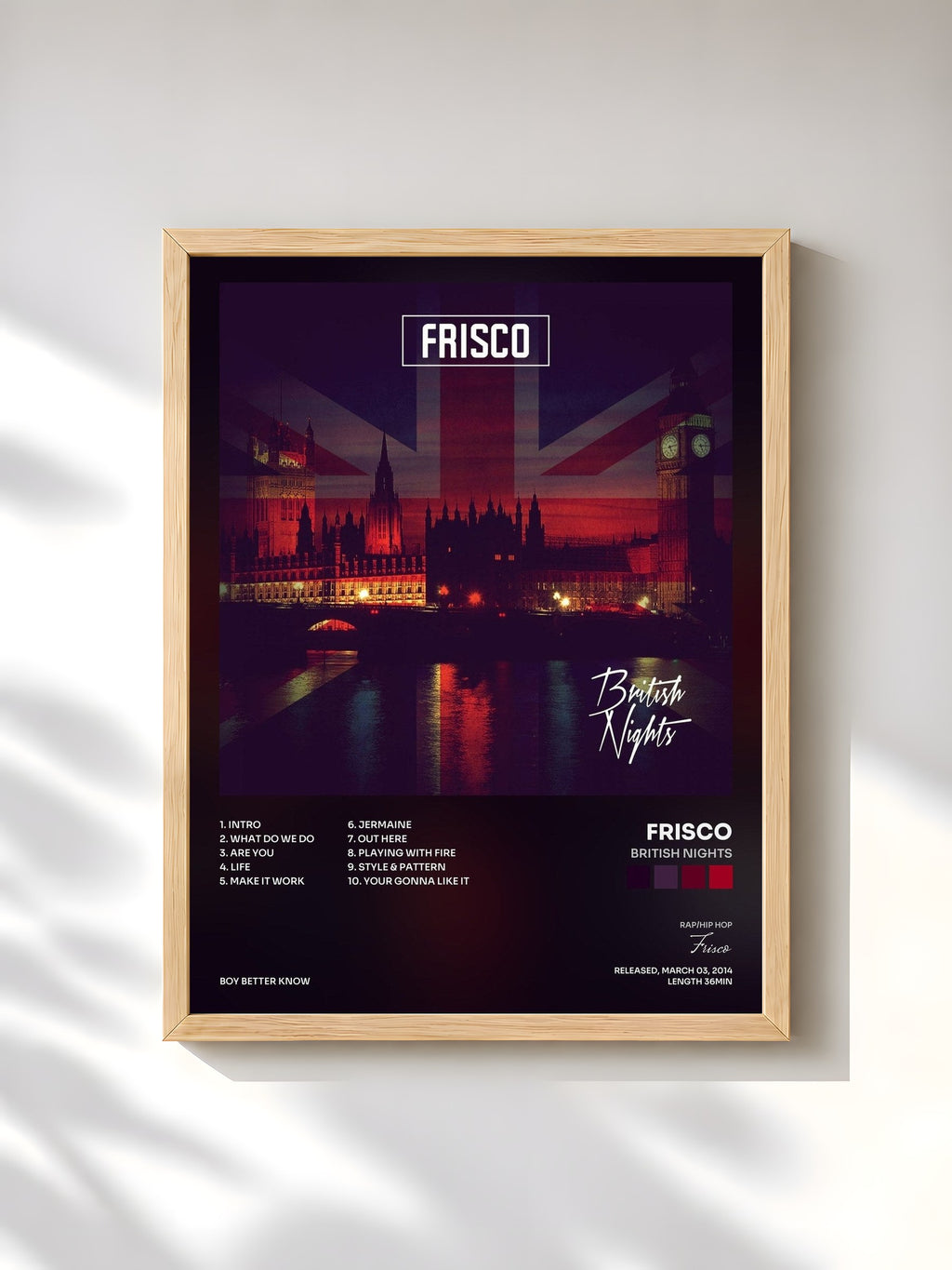 #bois Tableau de l'album British Nights de Frisco, cadre en bois brut, imprimé et encadré en France