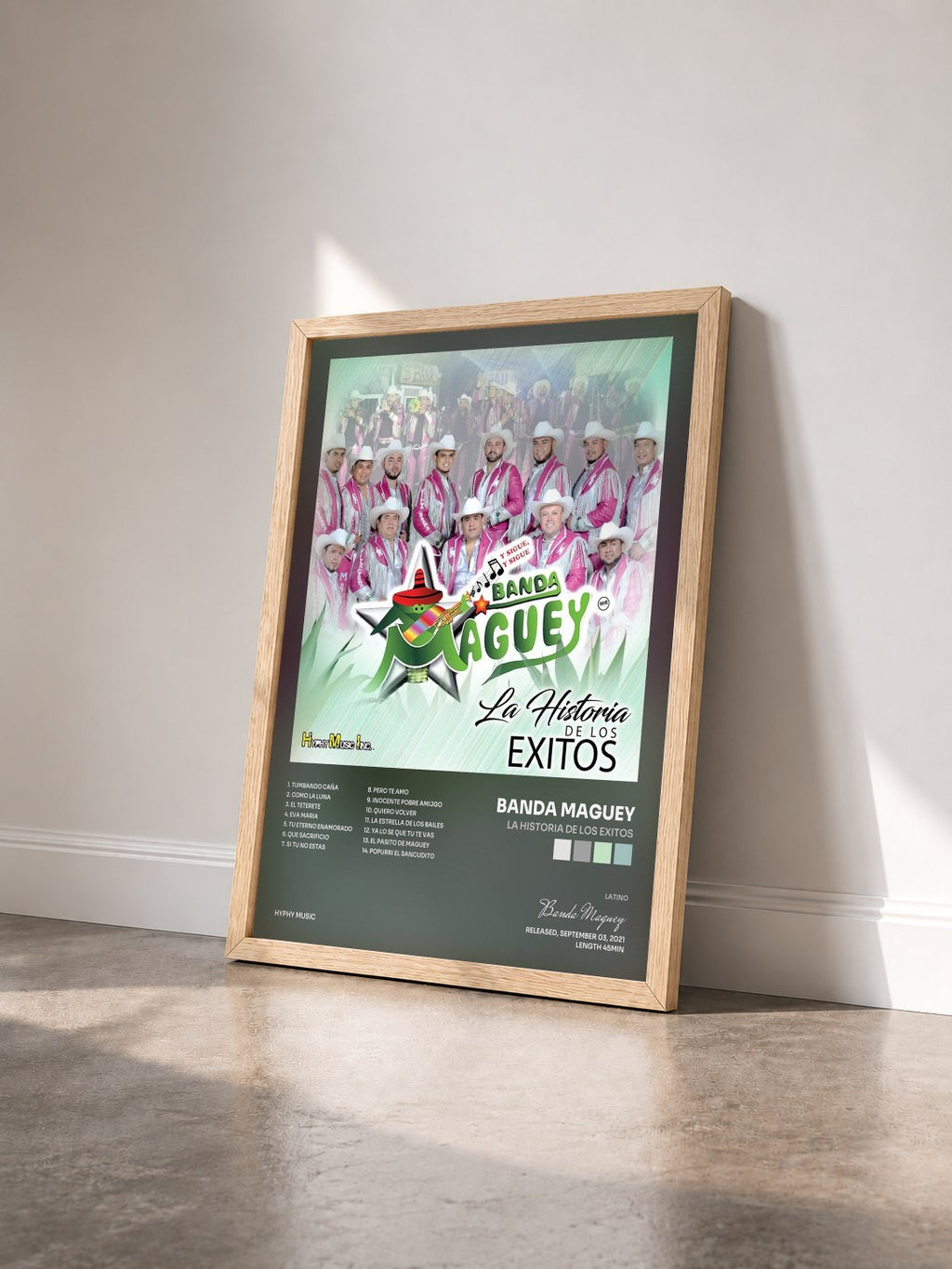 #bois Tableau de l'album La Historia de Los Exitos de Banda Maguey vu de trois quarts, cadre en bois brut