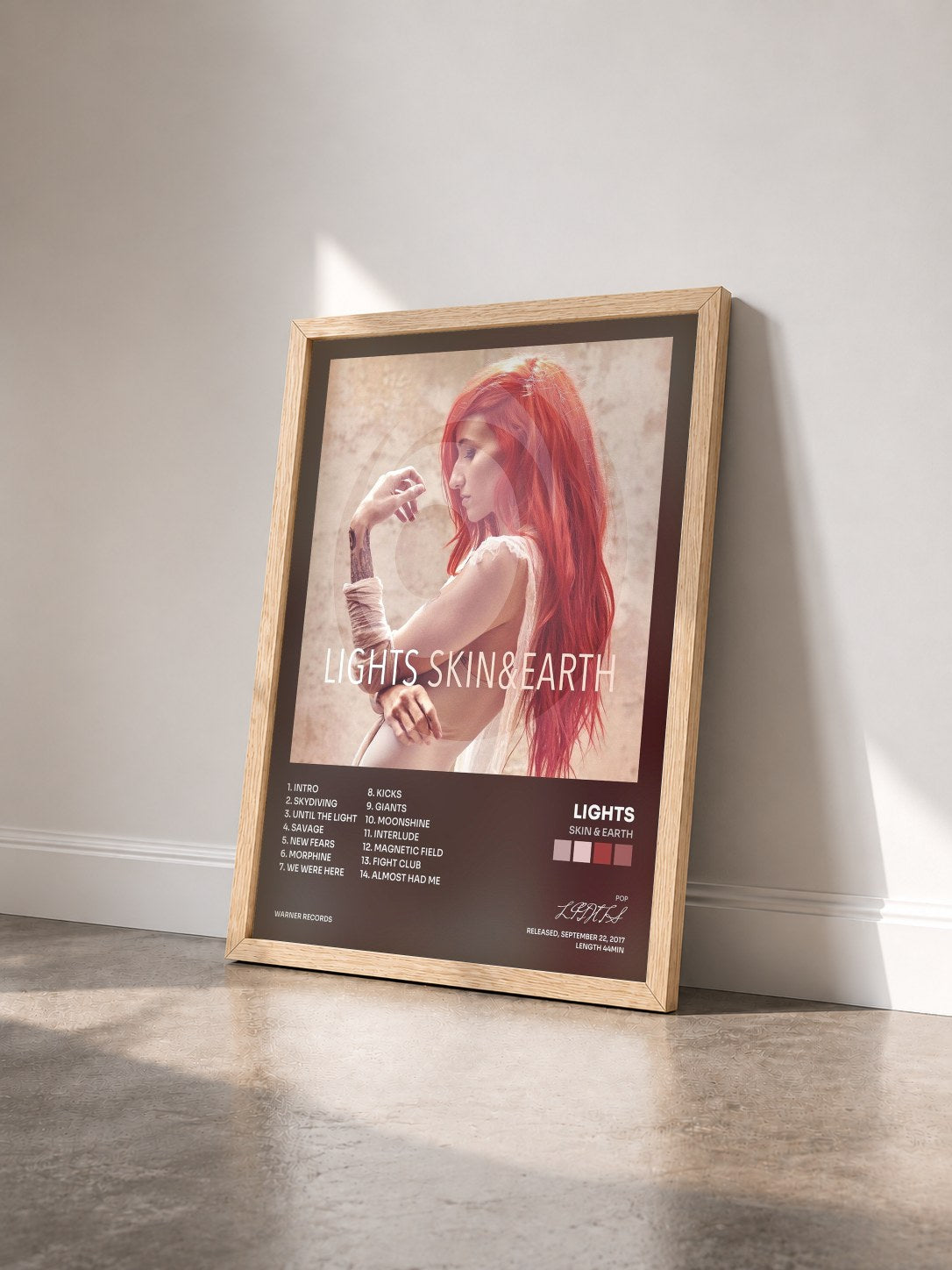 #bois Tableau de l'album Skin & Earth de LIGHTS vu de trois quarts, cadre en bois brut