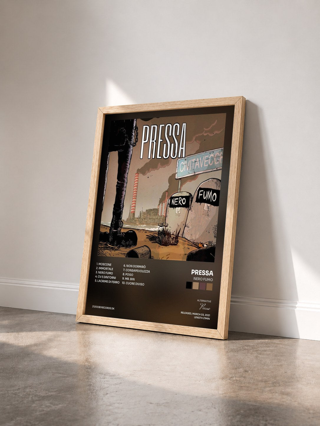 #bois Tableau de l'album Nero Fumo de Pressa vu de trois quarts, cadre en bois brut