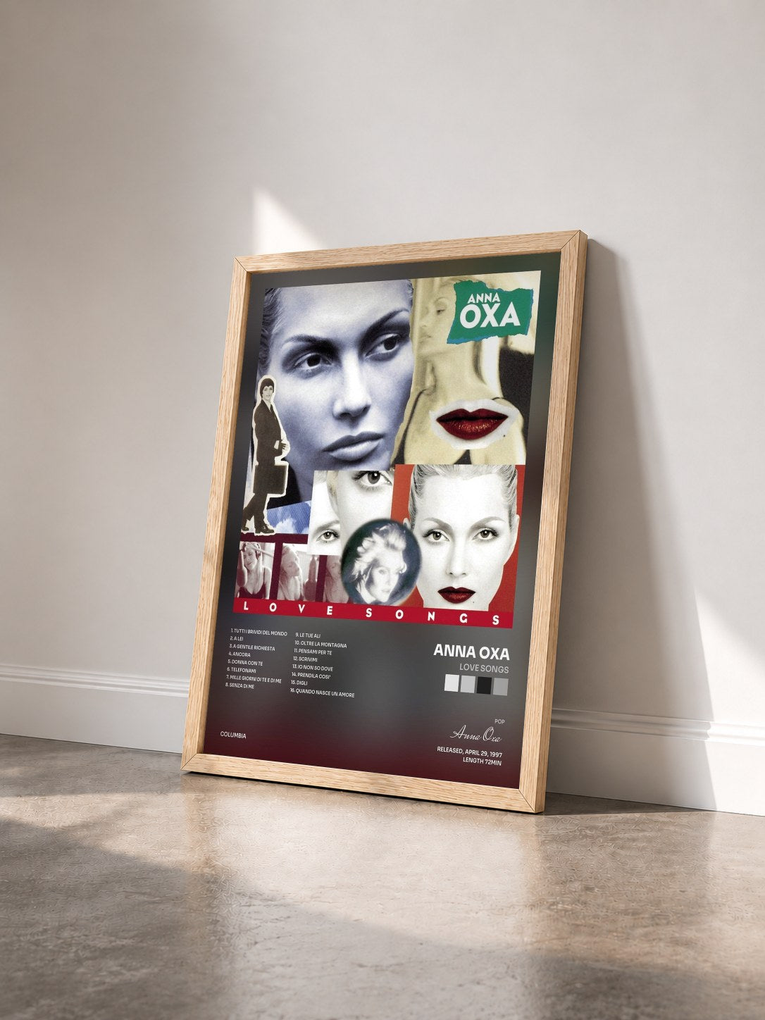 #bois Tableau de l'album Love Songs de Anna Oxa vu de trois quarts, cadre en bois brut