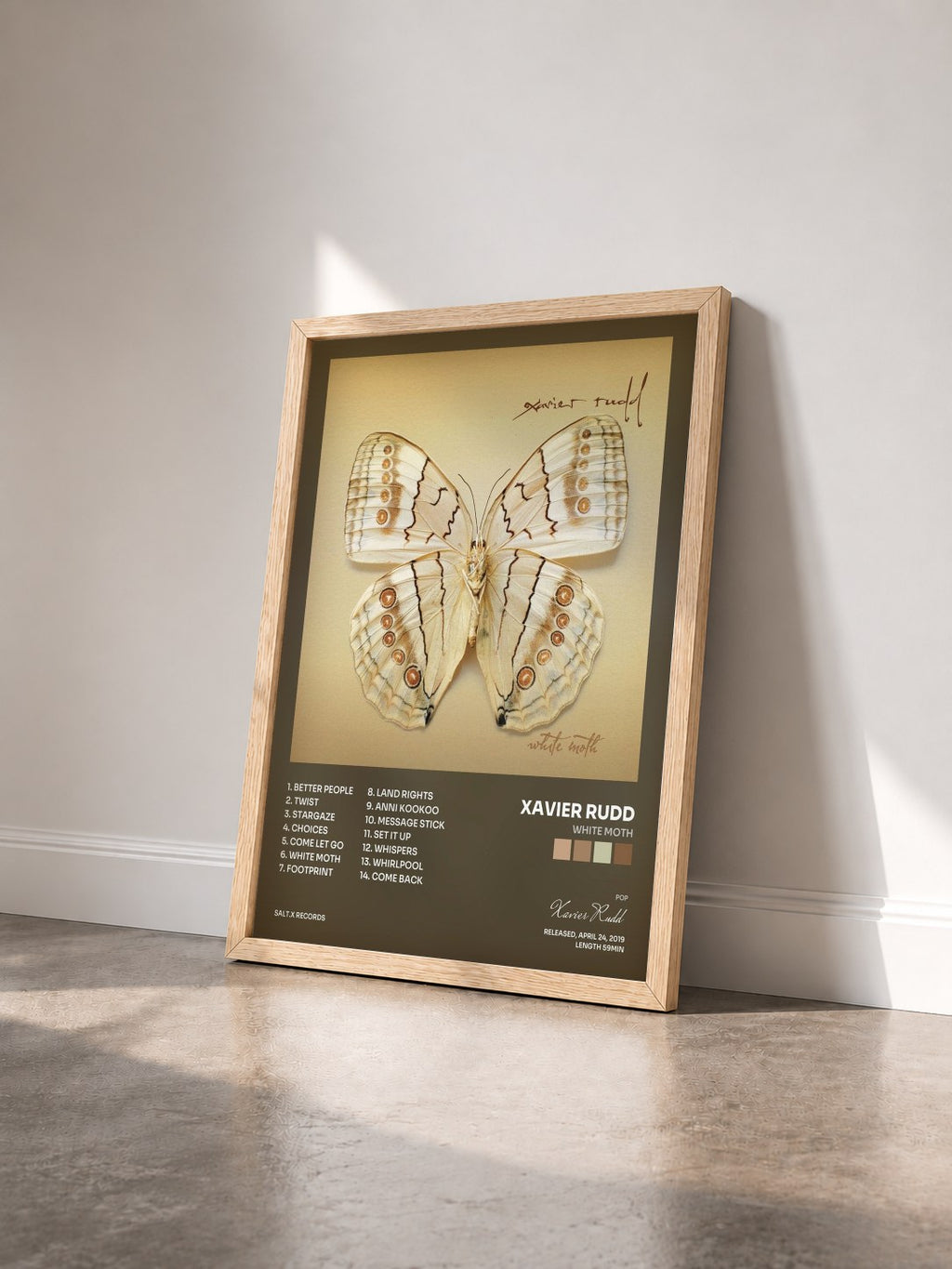 #bois Tableau de l'album White Moth de Xavier Rudd vu de trois quarts, cadre en bois brut