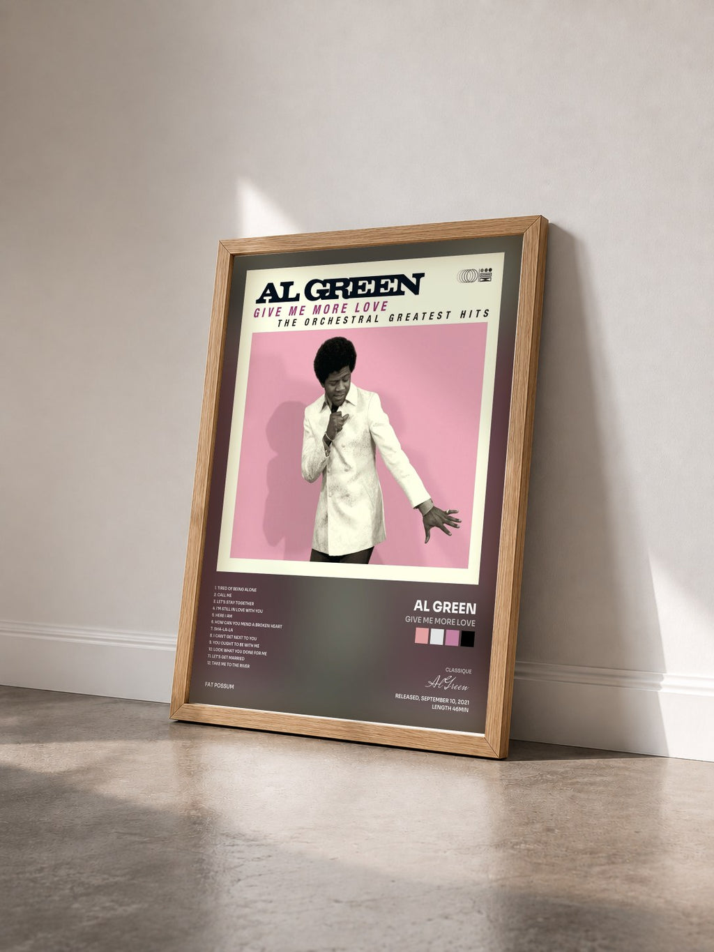 #bois Tableau de l'album Give Me More Love de Al Green vu de trois quarts, cadre en bois brut