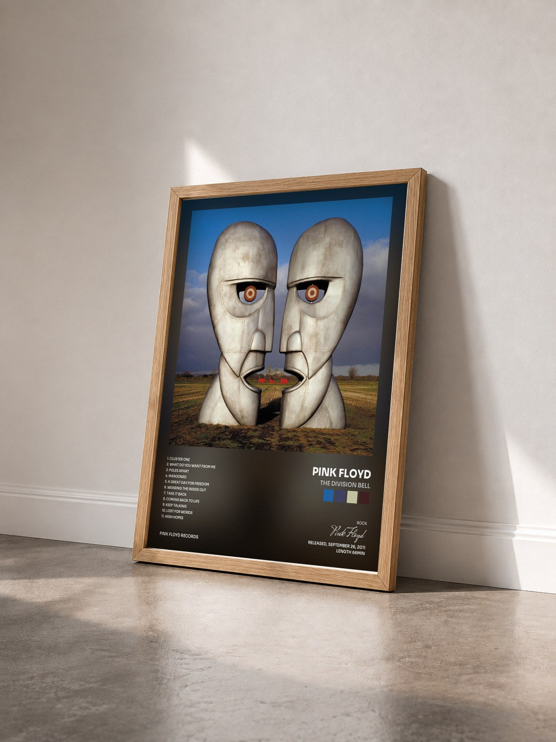 #bois Tableau de l'album The Division Bell de Pink Floyd vu de trois quarts, cadre en bois brut