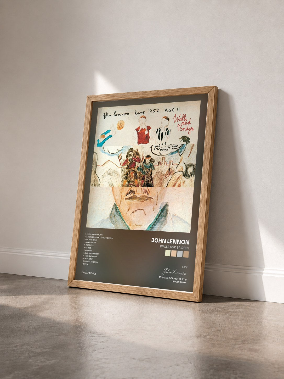 #bois Tableau de l'album Walls And Bridges de John Lennon vu de trois quarts, cadre en bois brut