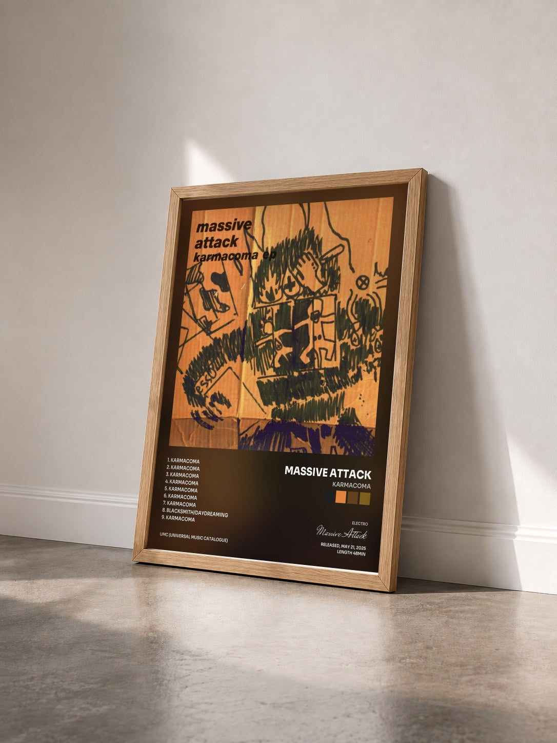 #bois Tableau de l'album Karmacoma de Massive Attack vu de trois quarts, cadre en bois brut