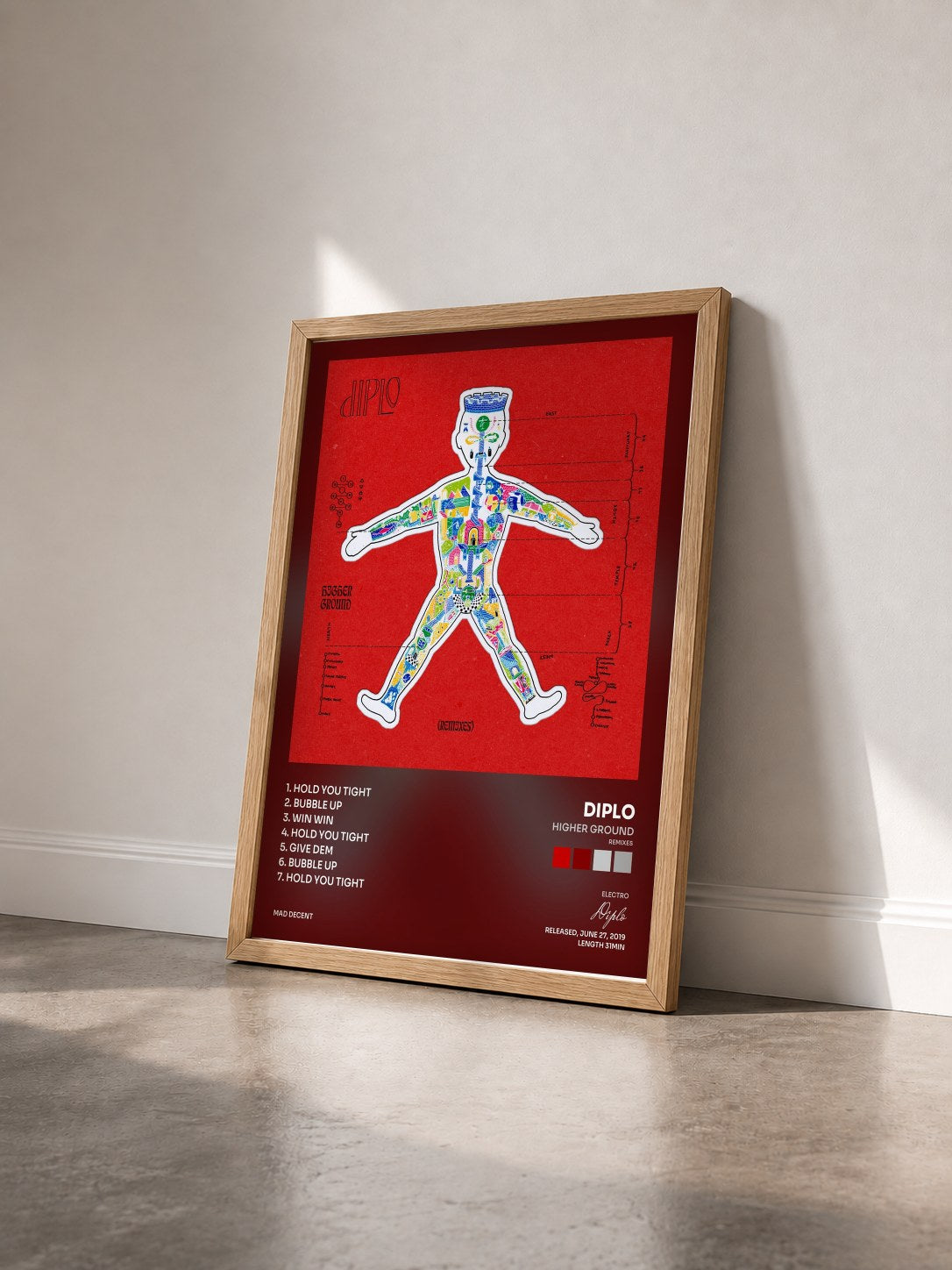 #bois Tableau de l'album Higher Ground (Remixes) de Diplo vu de trois quarts, cadre en bois brut
