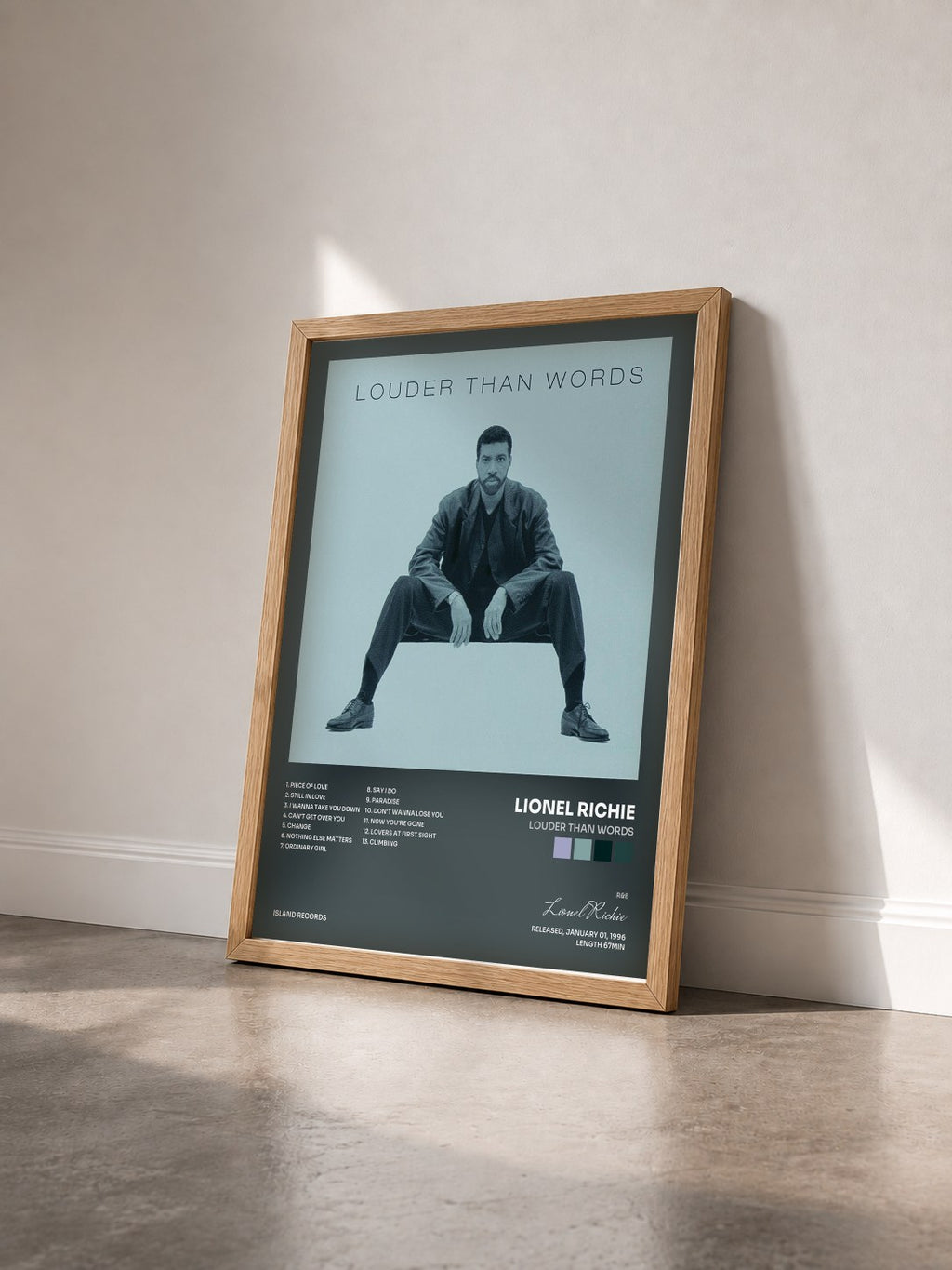 #bois Tableau de l'album Louder Than Words de Lionel Richie vu de trois quarts, cadre en bois brut