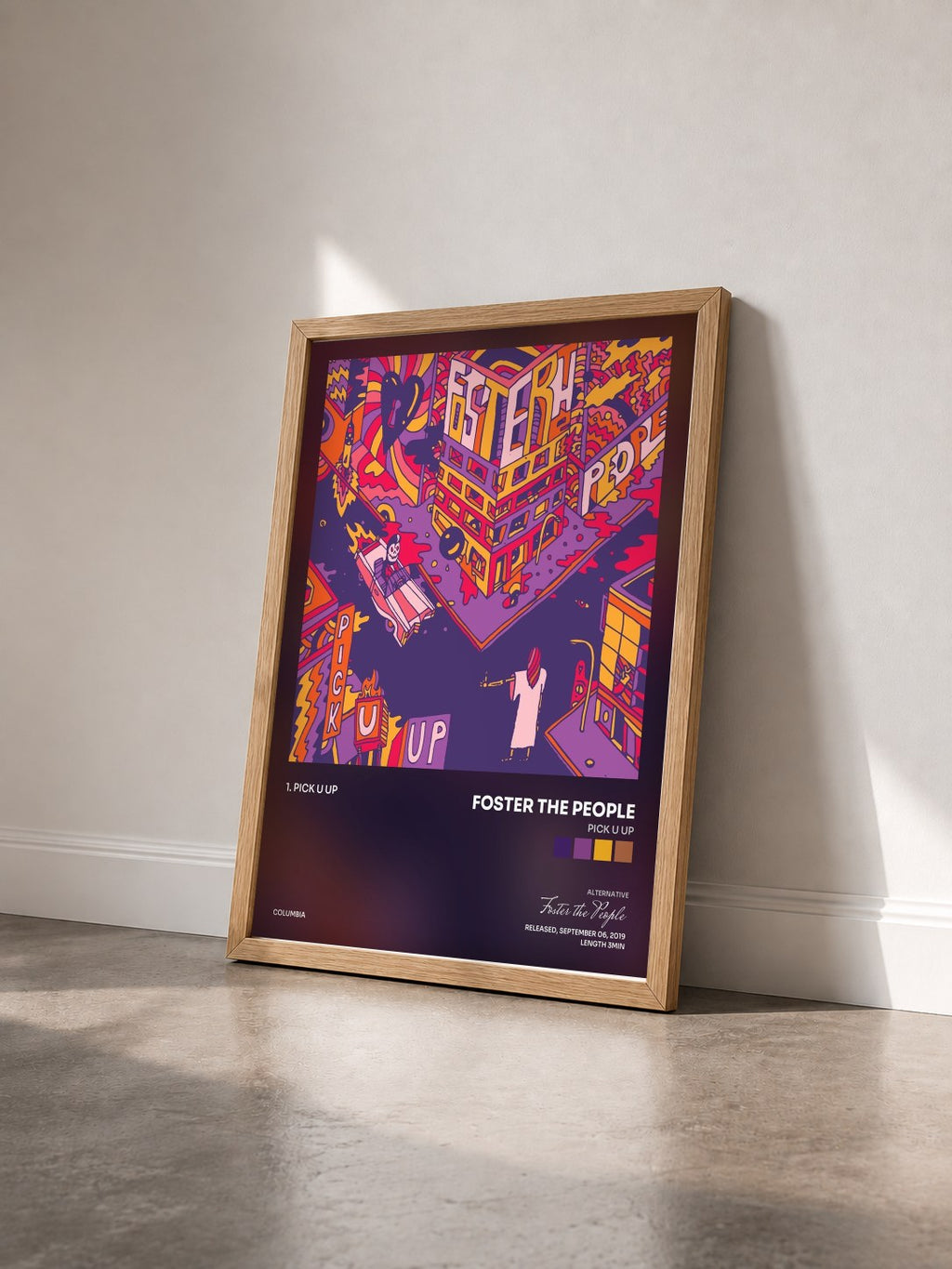 #bois Tableau de l'album Pick U Up de Foster the People vu de trois quarts, cadre en bois brut