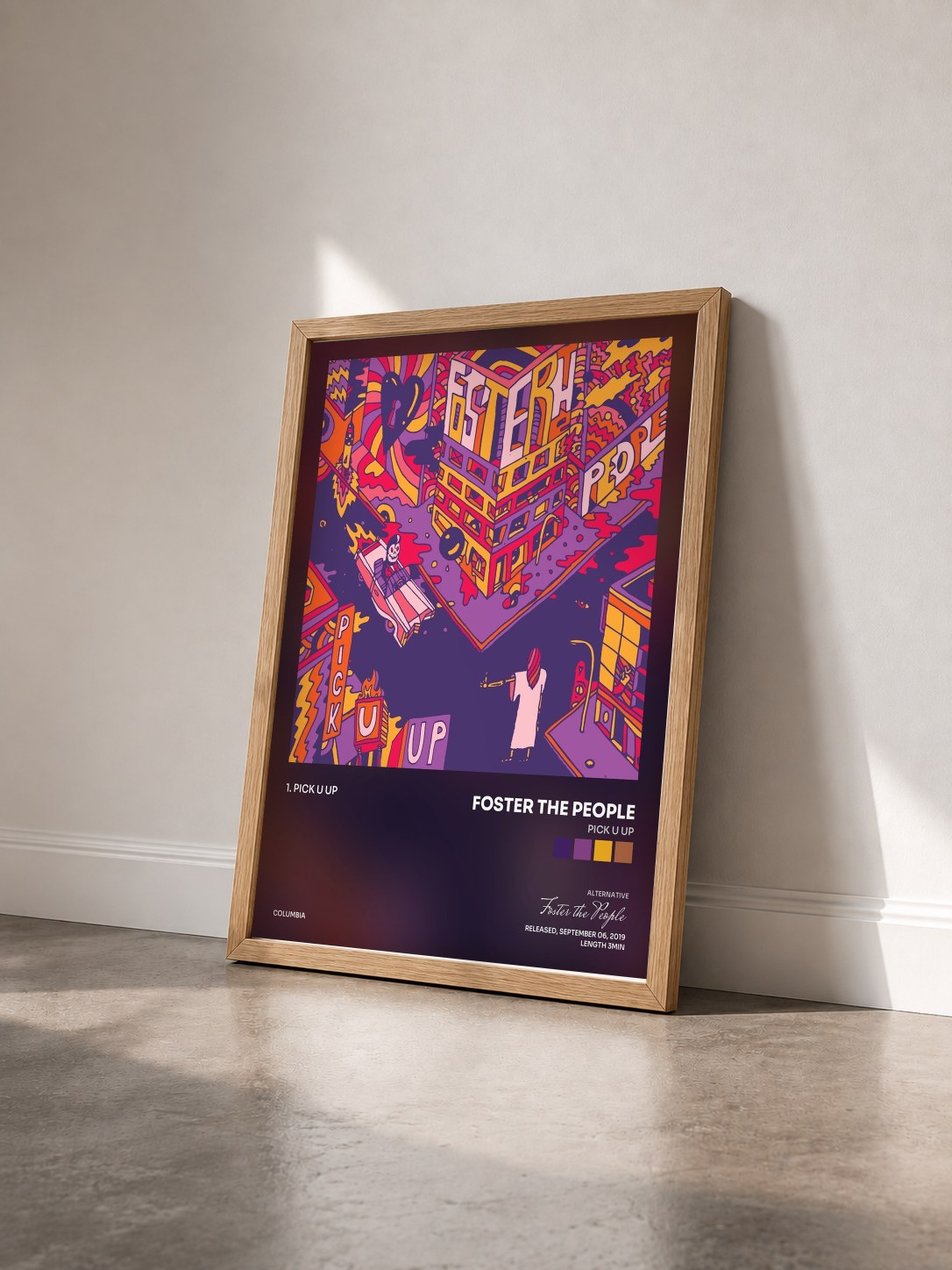 #bois Tableau de l'album Pick U Up de Foster the People vu de trois quarts, cadre en bois brut