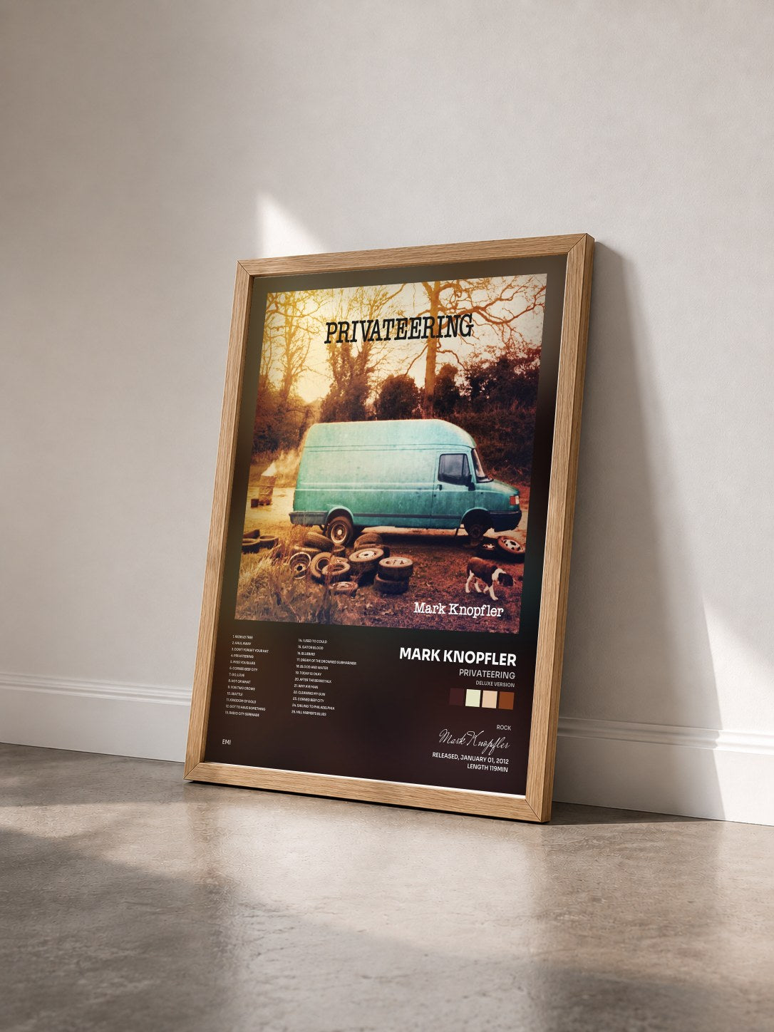 #bois Tableau de l'album Privateering (Deluxe Version) de Mark Knopfler vu de trois quarts, cadre en bois brut