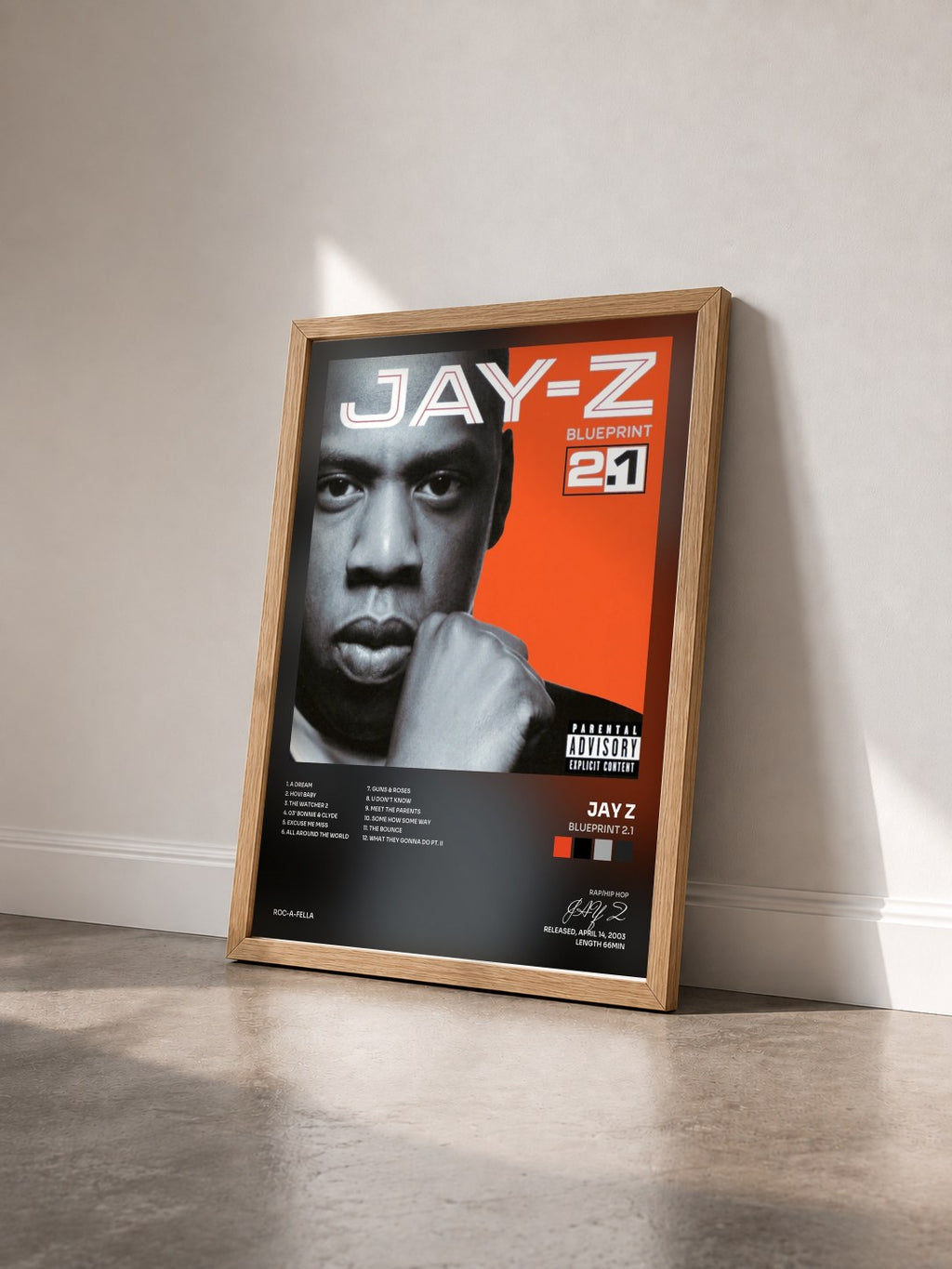 #bois Tableau de l'album Blueprint 2.1 de JAY Z vu de trois quarts, cadre en bois brut