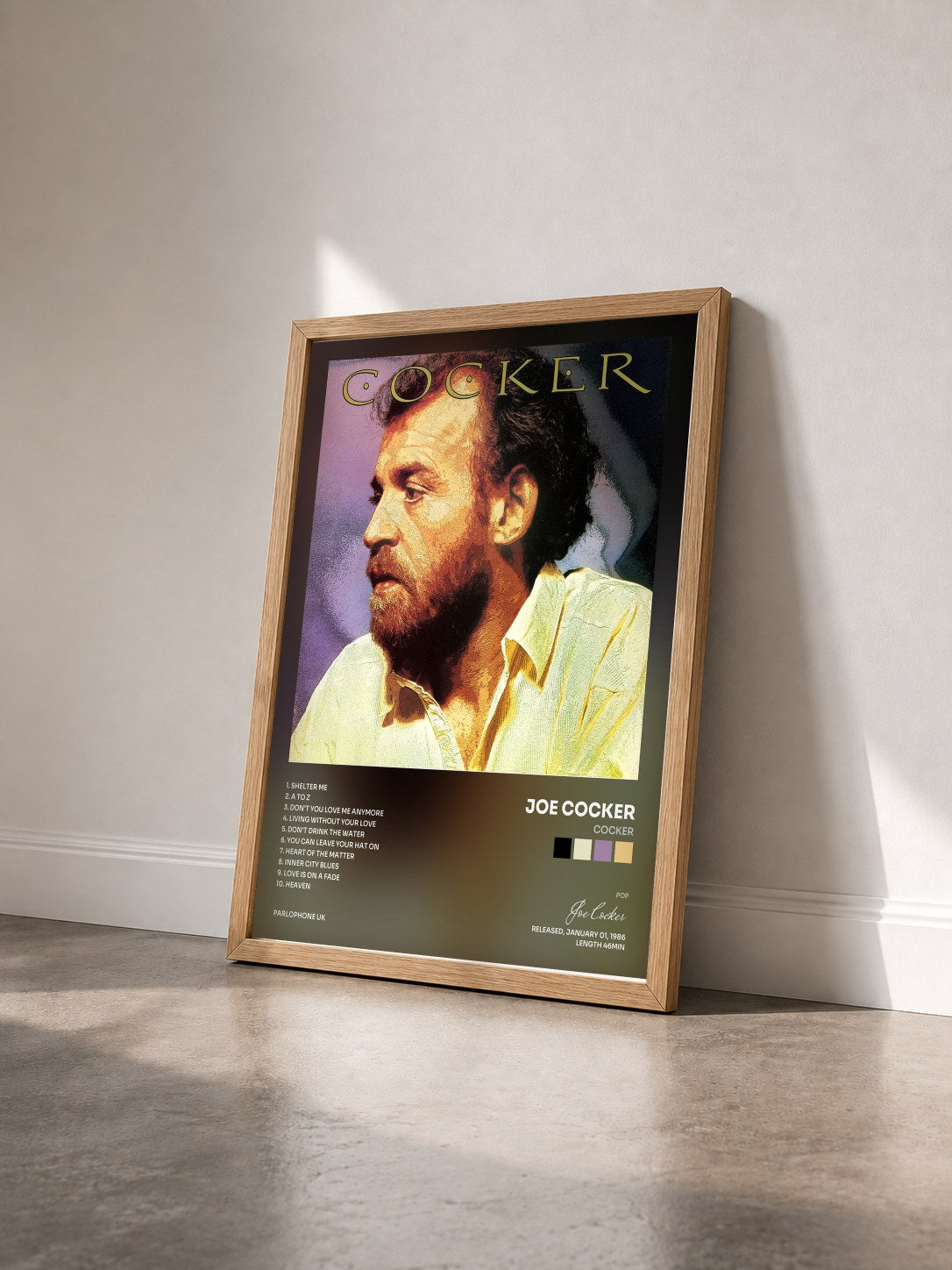 #bois Tableau de l'album Cocker de Joe Cocker vu de trois quarts, cadre en bois brut