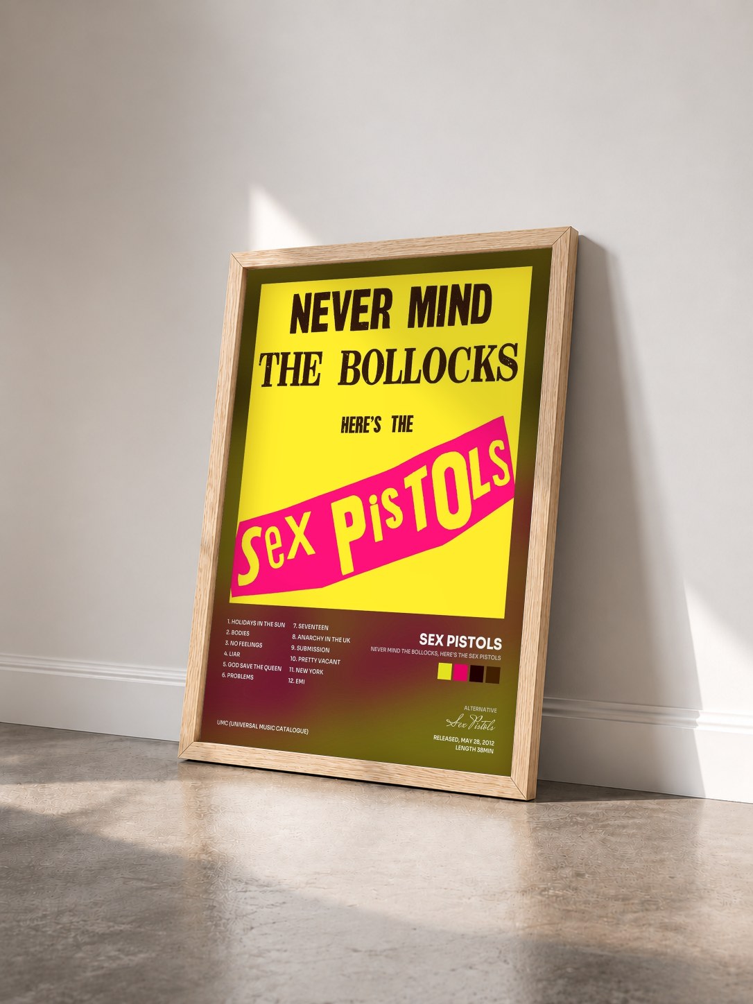 #bois Tableau de l'album Never Mind The Bollocks, Here's The Sex Pistols de Sex Pistols vu de trois quarts, cadre en bois brut