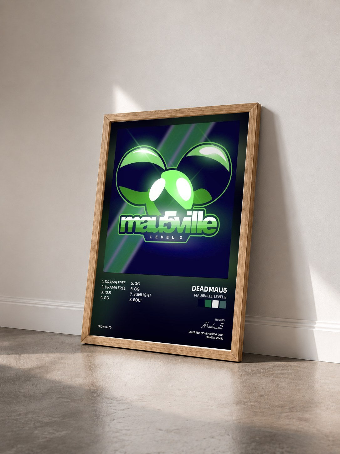 #bois Tableau de l'album mau5ville: Level 2 de Deadmau5 vu de trois quarts, cadre en bois brut