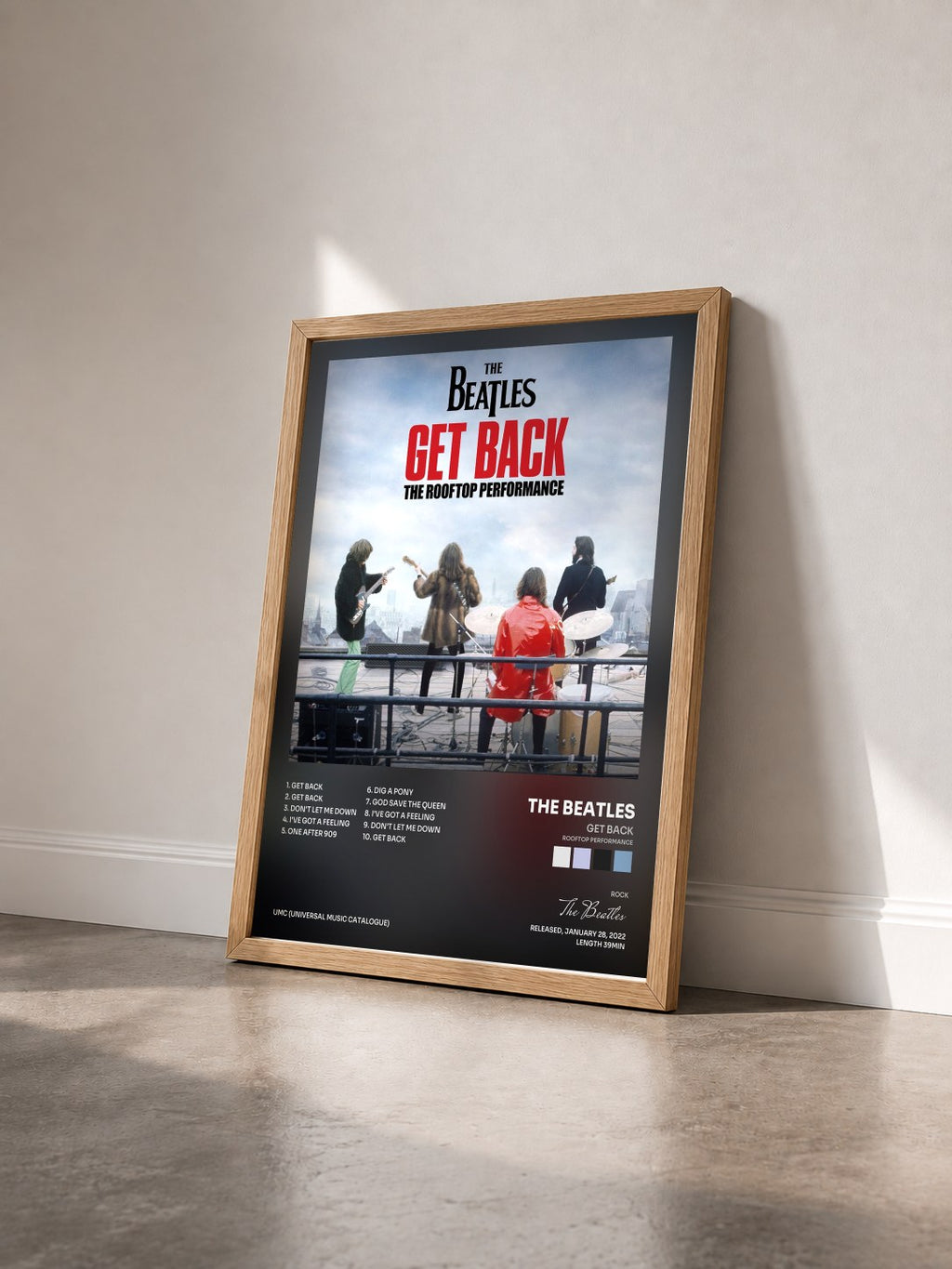 #bois Tableau de l'album Get Back (Rooftop Performance) de The Beatles vu de trois quarts, cadre en bois brut