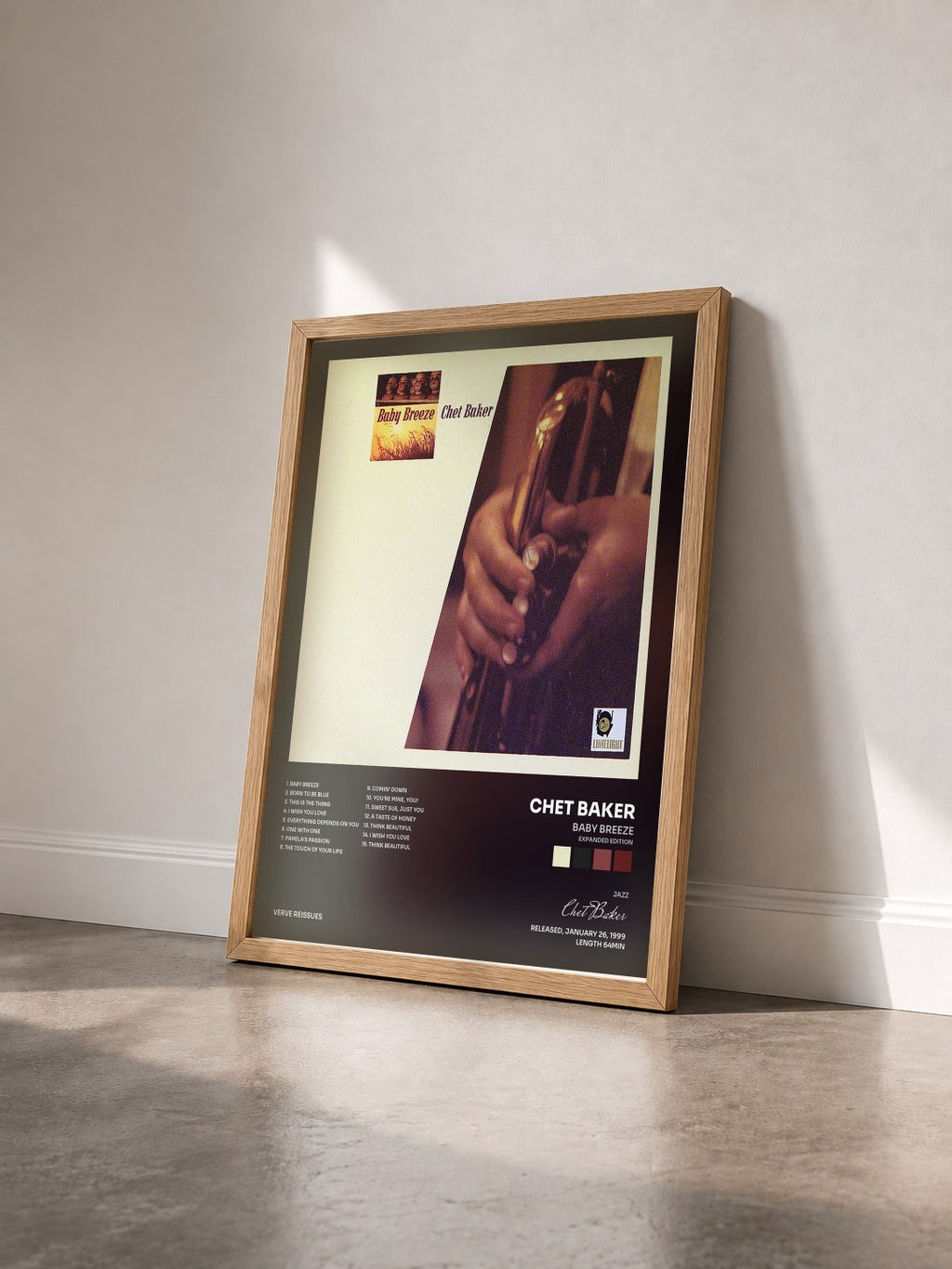 #bois Tableau de l'album Baby Breeze (Expanded Edition) de Chet Baker vu de trois quarts, cadre en bois brut