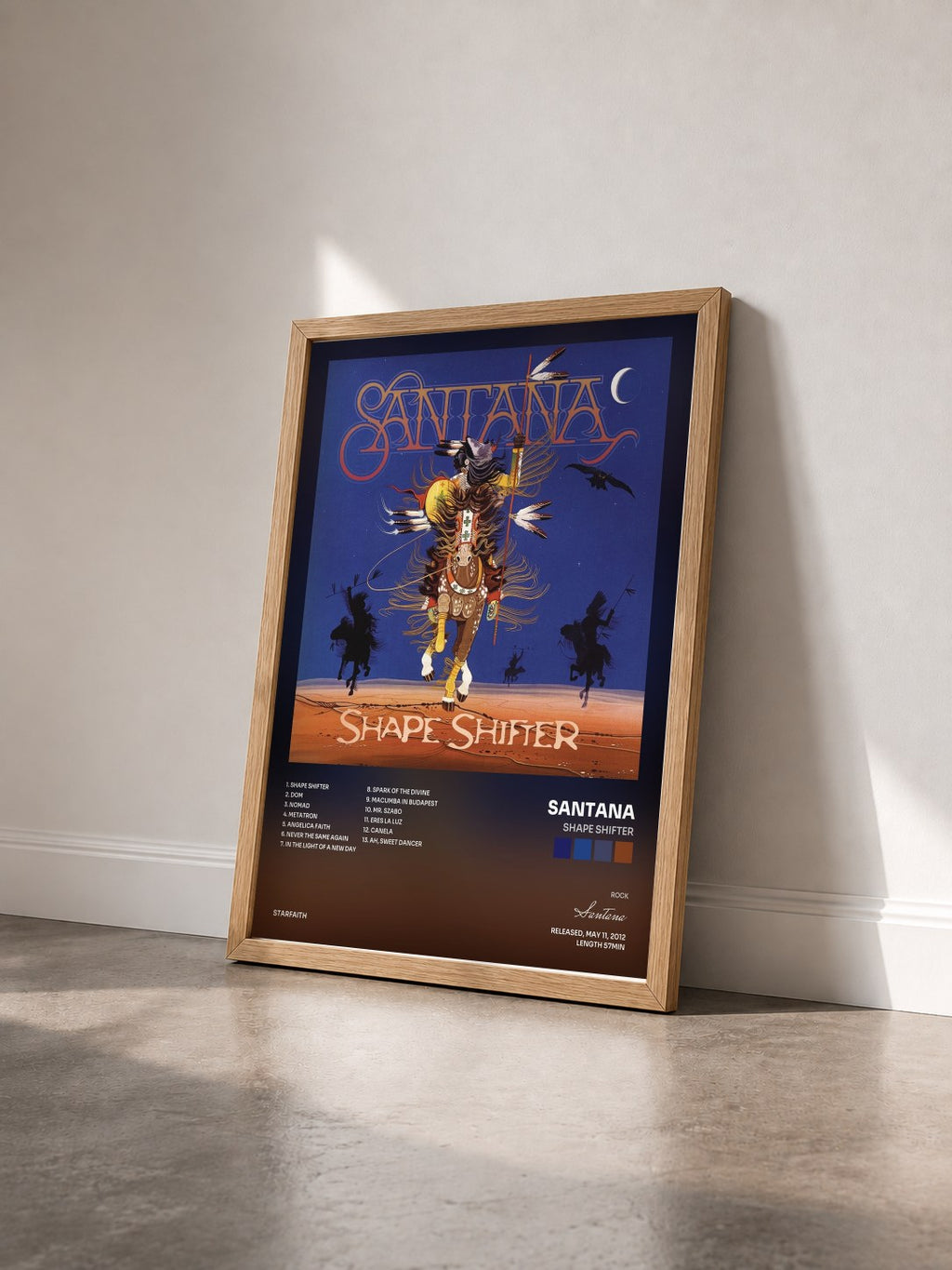 #bois Tableau de l'album Shape Shifter de Santana vu de trois quarts, cadre en bois brut