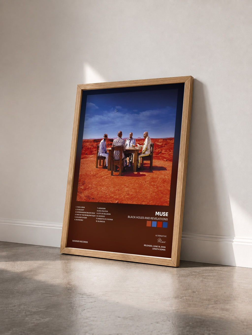 #bois Tableau de l'album Black Holes and Revelations de Muse vu de trois quarts, cadre en bois brut